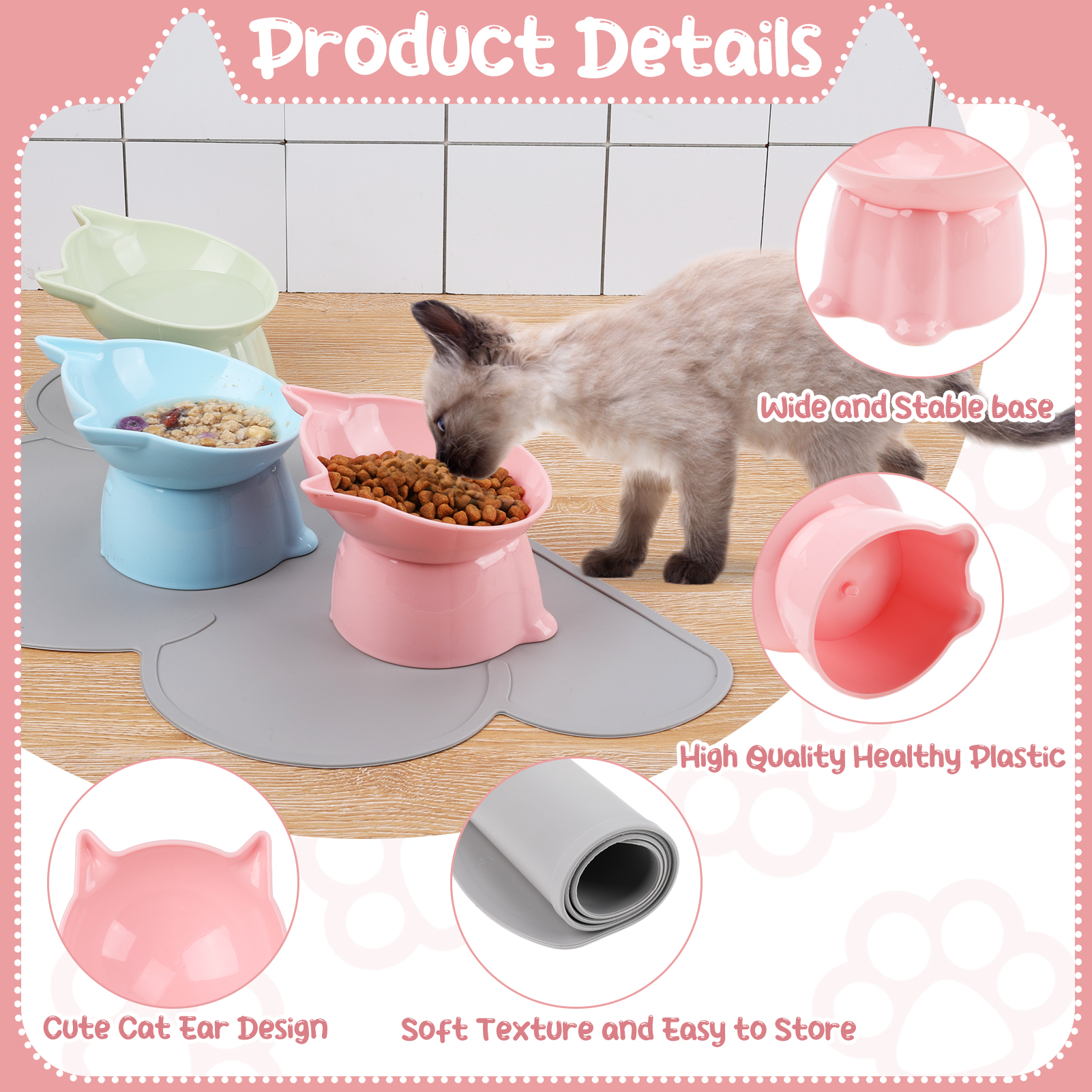 LUIISIS 3 Pcs Raised Cat Food Bowl Set with Mat,15 Degrees Elevated Cat Bowls,Anti Vomiting Tilted,Raised Cat Dish Plastic Slanted Stand Bowls for Pet Feeder,Pink,Green,Blue