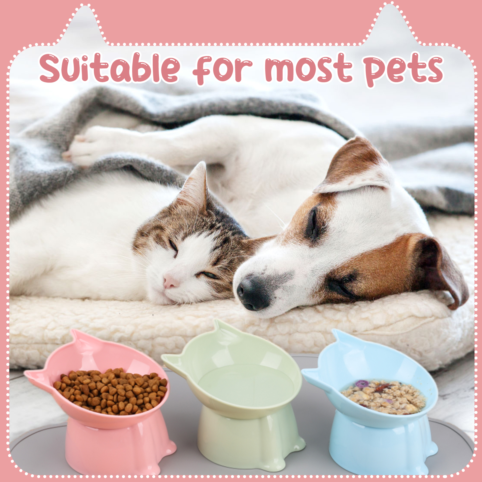 LUIISIS 3 Pcs Raised Cat Food Bowl Set with Mat,15 Degrees Elevated Cat Bowls,Anti Vomiting Tilted,Raised Cat Dish Plastic Slanted Stand Bowls for Pet Feeder,Pink,Green,Blue