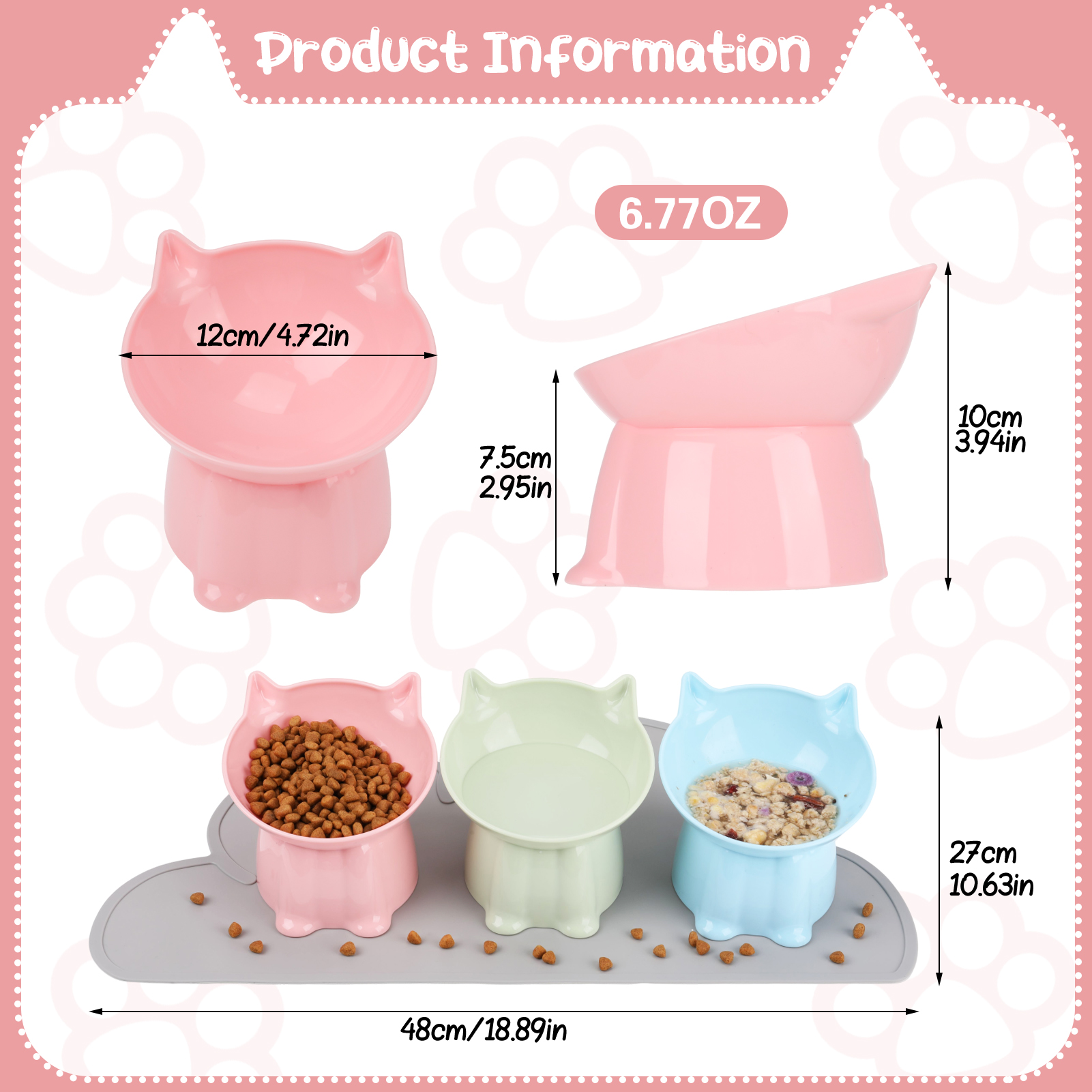 LUIISIS 3 Pcs Raised Cat Food Bowl Set with Mat,15 Degrees Elevated Cat Bowls,Anti Vomiting Tilted,Raised Cat Dish Plastic Slanted Stand Bowls for Pet Feeder,Pink,Green,Blue