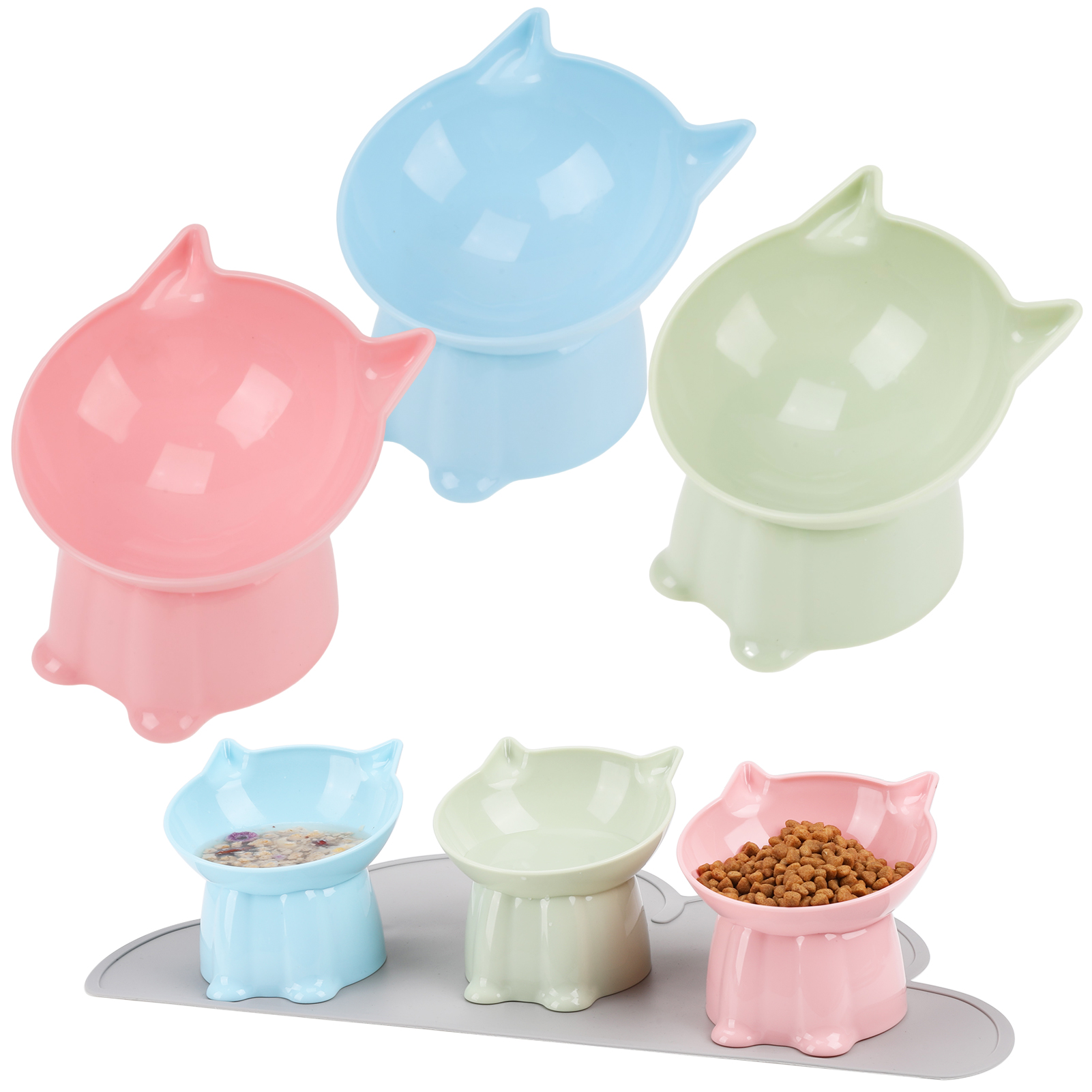 LUIISIS 3 Pcs Raised Cat Food Bowl Set with Mat,15 Degrees Elevated Cat Bowls,Anti Vomiting Tilted,Raised Cat Dish Plastic Slanted Stand Bowls for Pet Feeder,Pink,Green,Blue