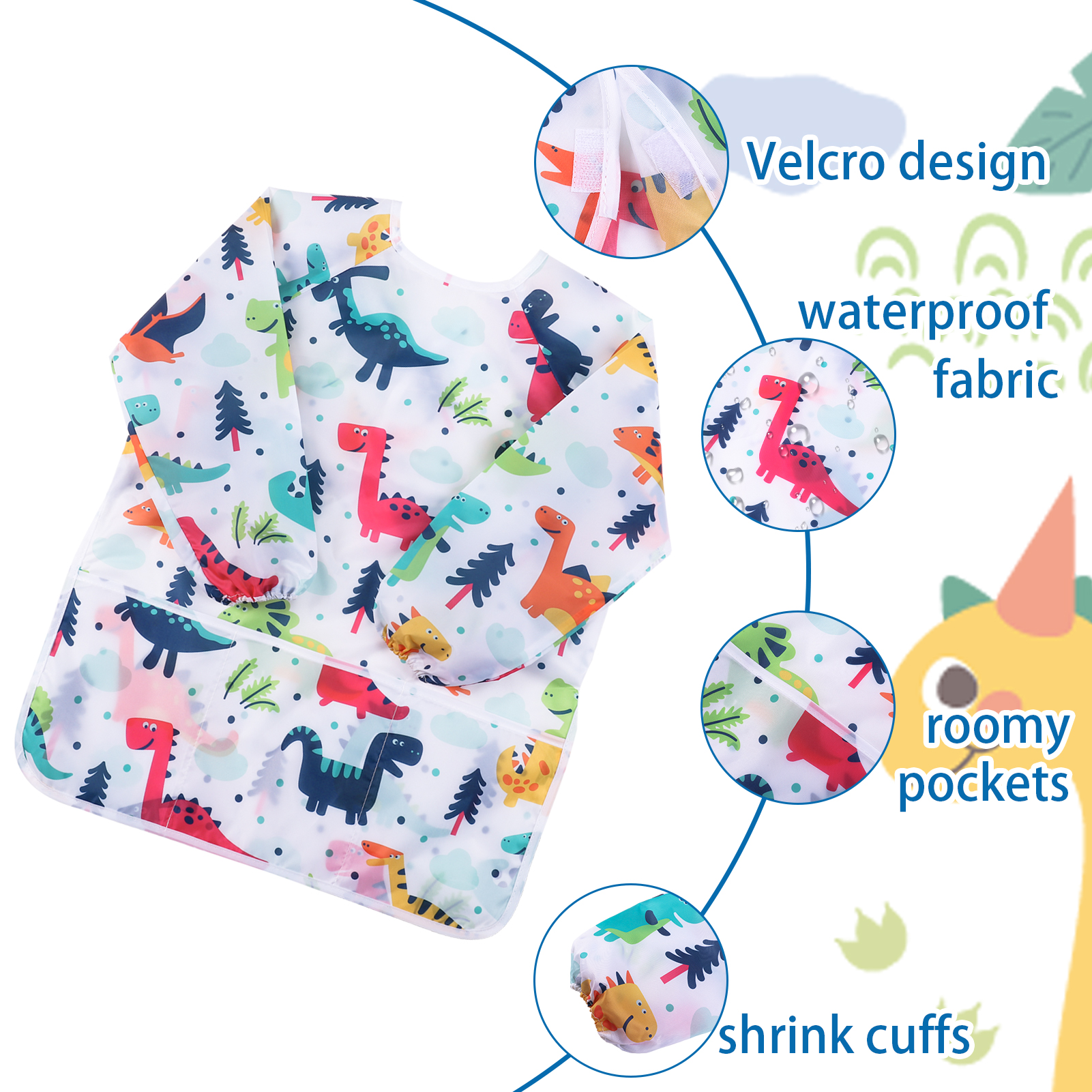 sixwipe Kids Art Smocks, 2 Pack Kids Painting Apron for Arts & Crafts, Dinosaur Painting Apron for Children, Artist Smock with Long Sleeve for Age 3-8 Years