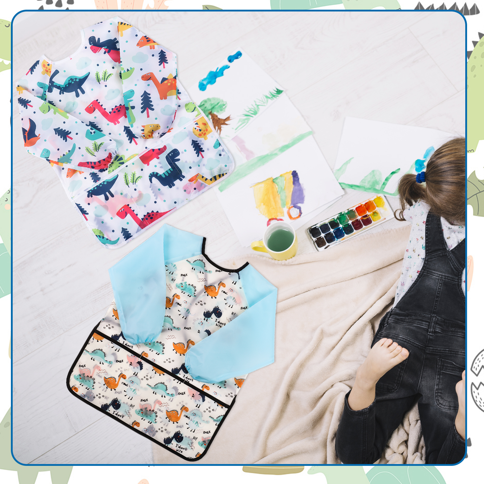 sixwipe Kids Art Smocks, 2 Pack Kids Painting Apron for Arts & Crafts, Dinosaur Painting Apron for Children, Artist Smock with Long Sleeve for Age 3-8 Years