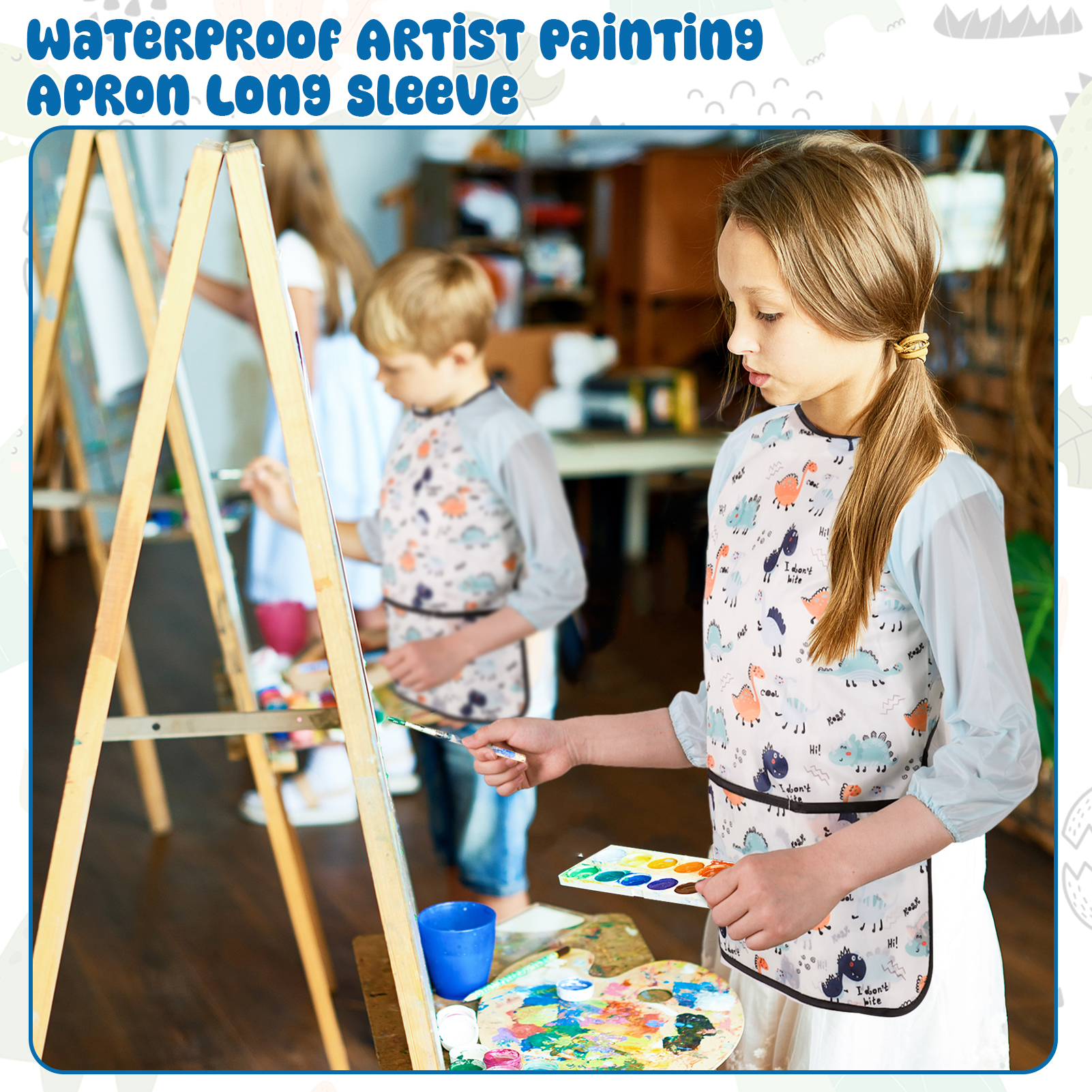 sixwipe Kids Art Smocks, 2 Pack Kids Painting Apron for Arts & Crafts, Dinosaur Painting Apron for Children, Artist Smock with Long Sleeve for Age 3-8 Years
