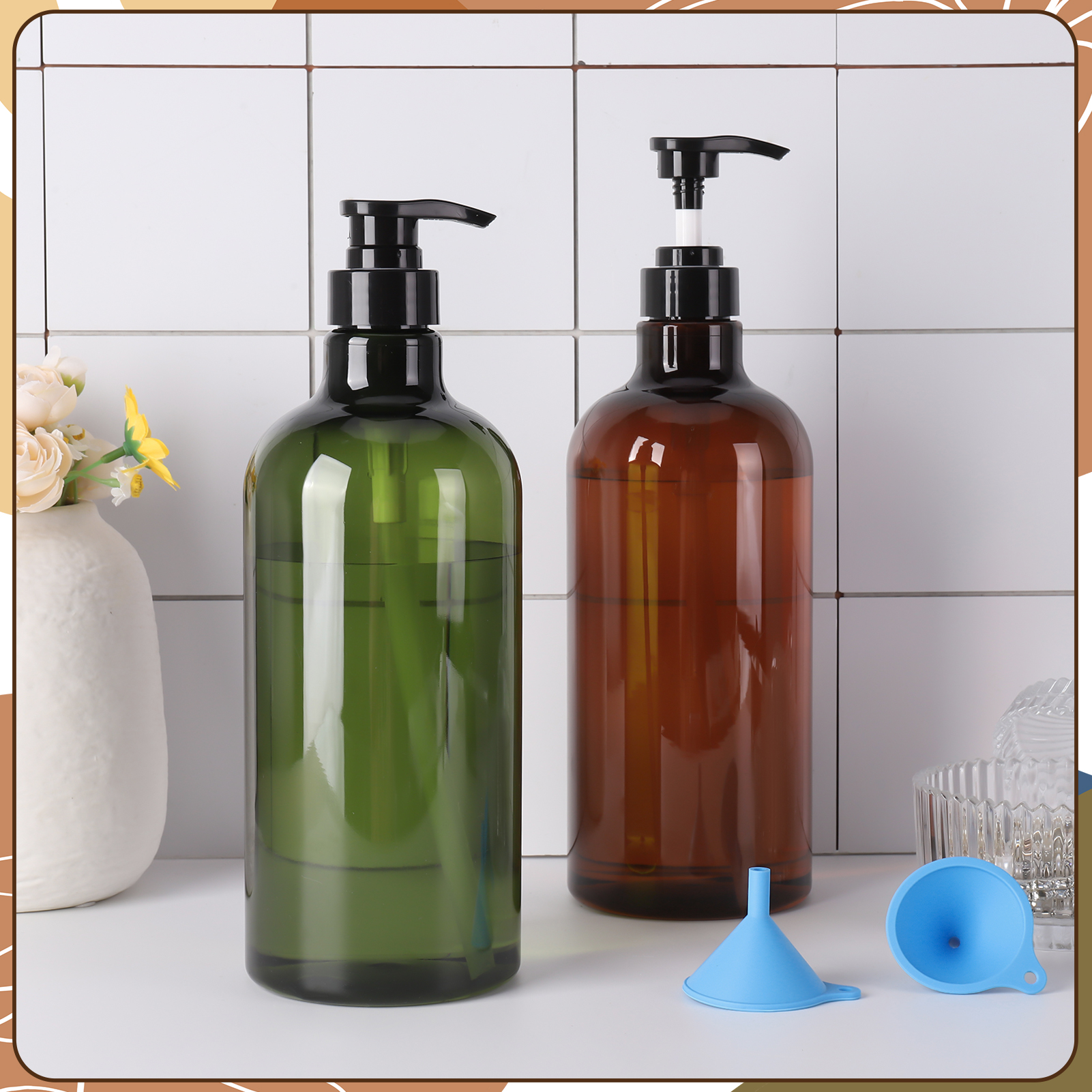 Abaima 2 Pack 32oz Empty Pump Bottle, 1000ml Shampoo And Conditioner Dispenser Bottle,1 Liter Refillable Clear Shower Soap Dispenser Bottle With Silicone Funnels And Labels