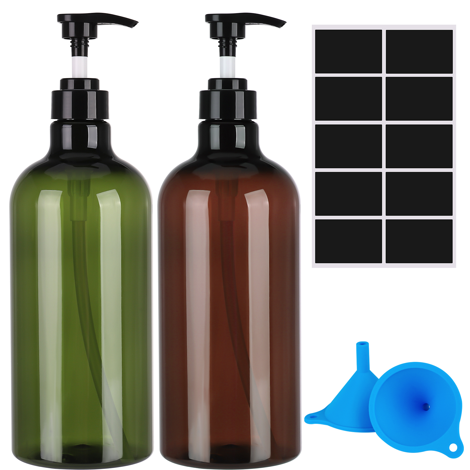 Abaima 2 Pack 32oz Empty Pump Bottle, 1000ml Shampoo And Conditioner Dispenser Bottle,1 Liter Refillable Clear Shower Soap Dispenser Bottle With Silicone Funnels And Labels