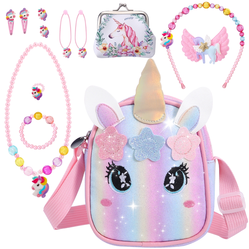 sixwipe 13Pcs Little Girl Unicorn Purse Set, Cute Kids Purse Crossbody Bags with Kids Dress Up Jewelry Set Pretend Play Accessories, Birthday Presents Unicorn Gifts Toy for Girl, Toddler