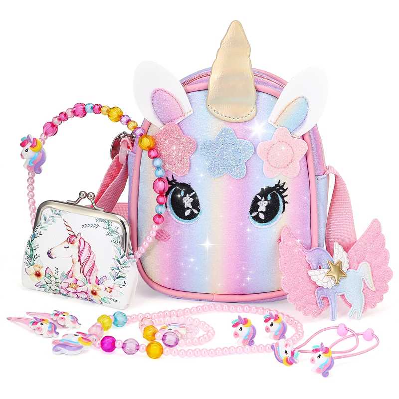sixwipe 13Pcs Little Girl Unicorn Purse Set, Cute Kids Purse Crossbody Bags with Kids Dress Up Jewelry Set Pretend Play Accessories, Birthday Presents Unicorn Gifts Toy for Girl, Toddler