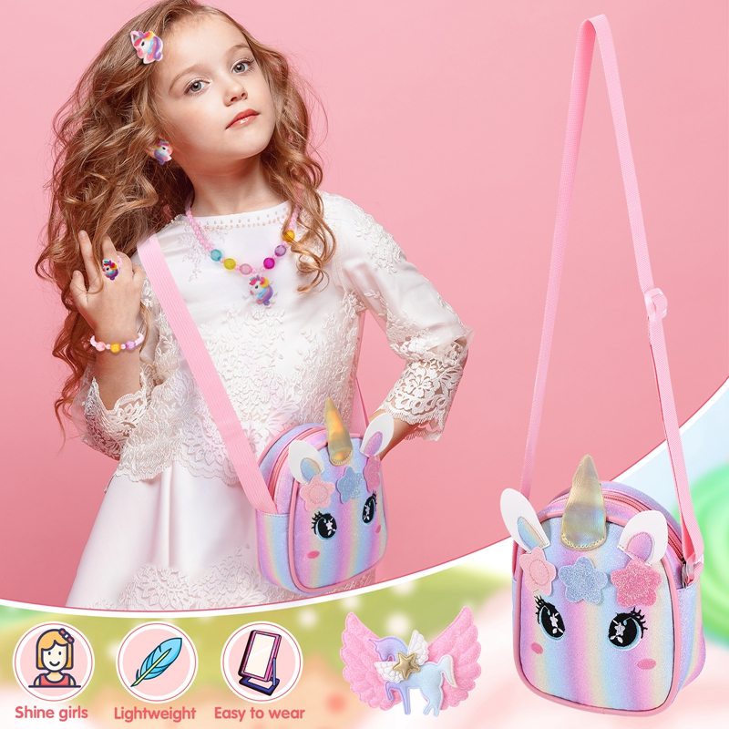 sixwipe 13Pcs Little Girl Unicorn Purse Set, Cute Kids Purse Crossbody Bags with Kids Dress Up Jewelry Set Pretend Play Accessories, Birthday Presents Unicorn Gifts Toy for Girl, Toddler