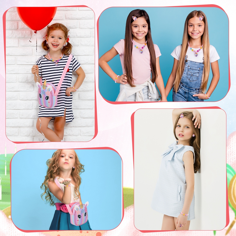 sixwipe 13Pcs Little Girl Unicorn Purse Set, Cute Kids Purse Crossbody Bags with Kids Dress Up Jewelry Set Pretend Play Accessories, Birthday Presents Unicorn Gifts Toy for Girl, Toddler