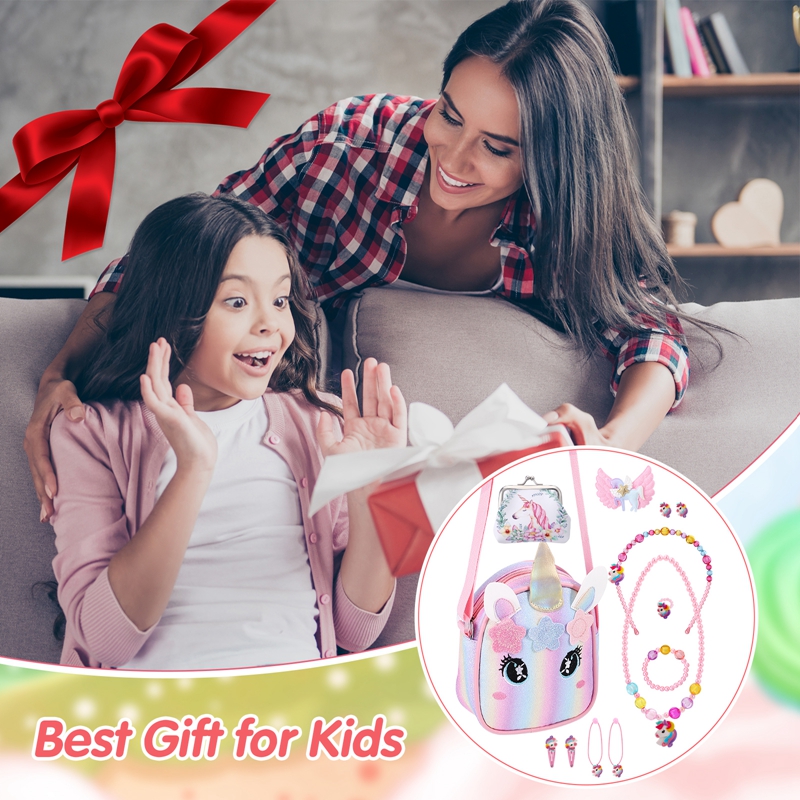 sixwipe 13Pcs Little Girl Unicorn Purse Set, Cute Kids Purse Crossbody Bags with Kids Dress Up Jewelry Set Pretend Play Accessories, Birthday Presents Unicorn Gifts Toy for Girl, Toddler