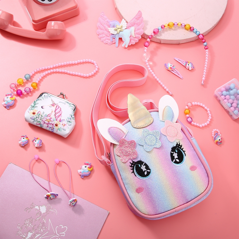 sixwipe 13Pcs Little Girl Unicorn Purse Set, Cute Kids Purse Crossbody Bags with Kids Dress Up Jewelry Set Pretend Play Accessories, Birthday Presents Unicorn Gifts Toy for Girl, Toddler