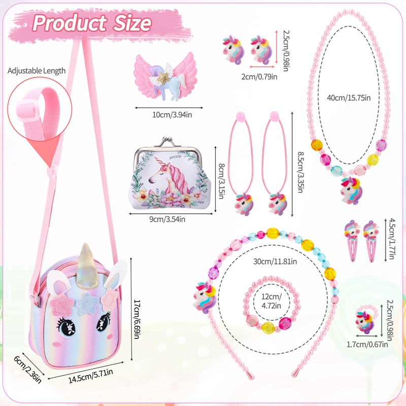 sixwipe 13Pcs Little Girl Unicorn Purse Set, Cute Kids Purse Crossbody Bags with Kids Dress Up Jewelry Set Pretend Play Accessories, Birthday Presents Unicorn Gifts Toy for Girl, Toddler