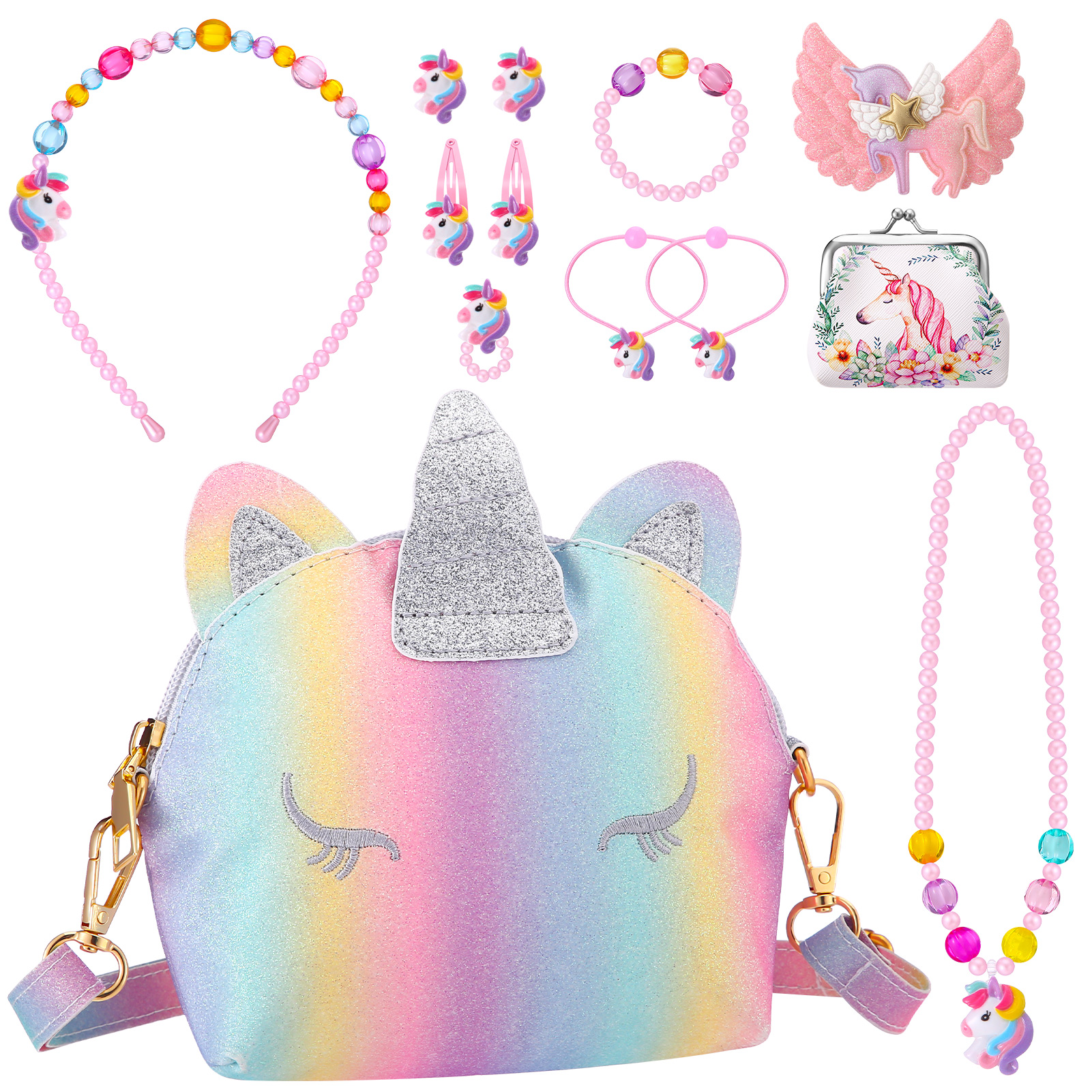 sixwipe 13Pcs Little Girl Unicorn Purse Set, Cute Kids Purse Crossbody Bags with Kids Dress Up Jewelry Set Pretend Play Accessories, Birthday Presents Unicorn Gifts Toy for Girl, Toddler