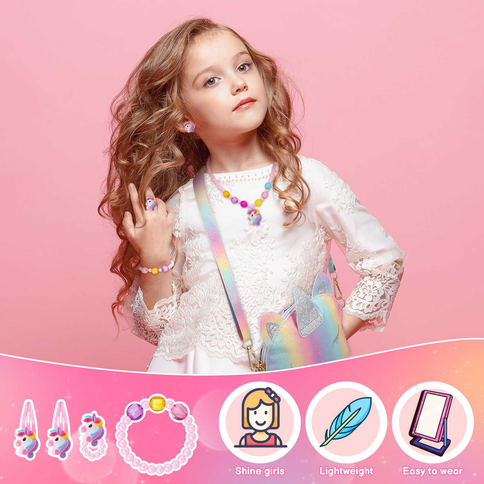 sixwipe 13Pcs Little Girl Unicorn Purse Set, Cute Kids Purse Crossbody Bags with Kids Dress Up Jewelry Set Pretend Play Accessories, Birthday Presents Unicorn Gifts Toy for Girl, Toddler