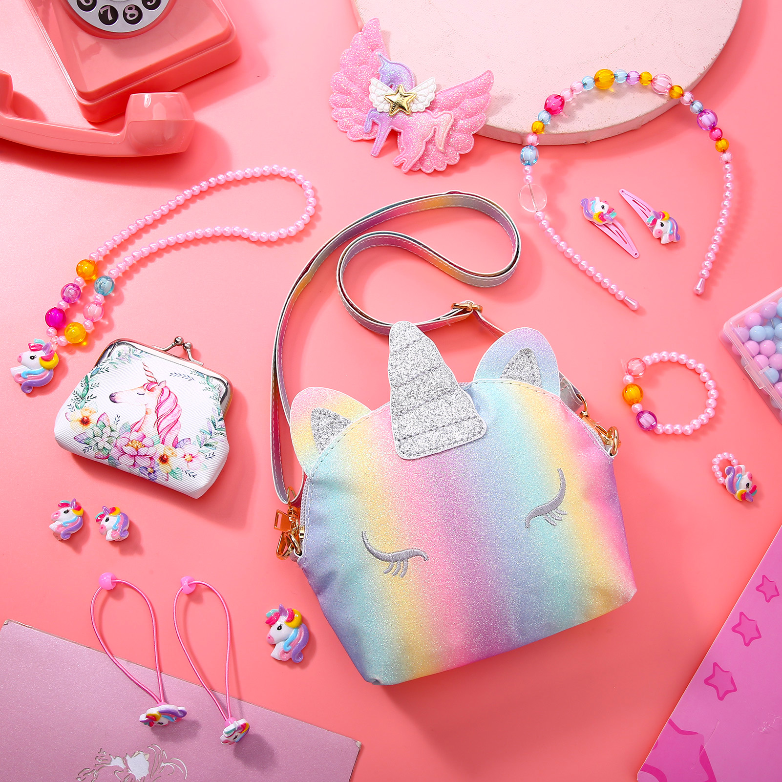sixwipe 13Pcs Little Girl Unicorn Purse Set, Cute Kids Purse Crossbody Bags with Kids Dress Up Jewelry Set Pretend Play Accessories, Birthday Presents Unicorn Gifts Toy for Girl, Toddler