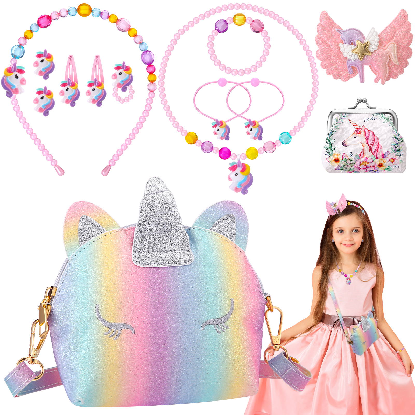 sixwipe 13Pcs Little Girl Unicorn Purse Set, Cute Kids Purse Crossbody Bags with Kids Dress Up Jewelry Set Pretend Play Accessories, Birthday Presents Unicorn Gifts Toy for Girl, Toddler