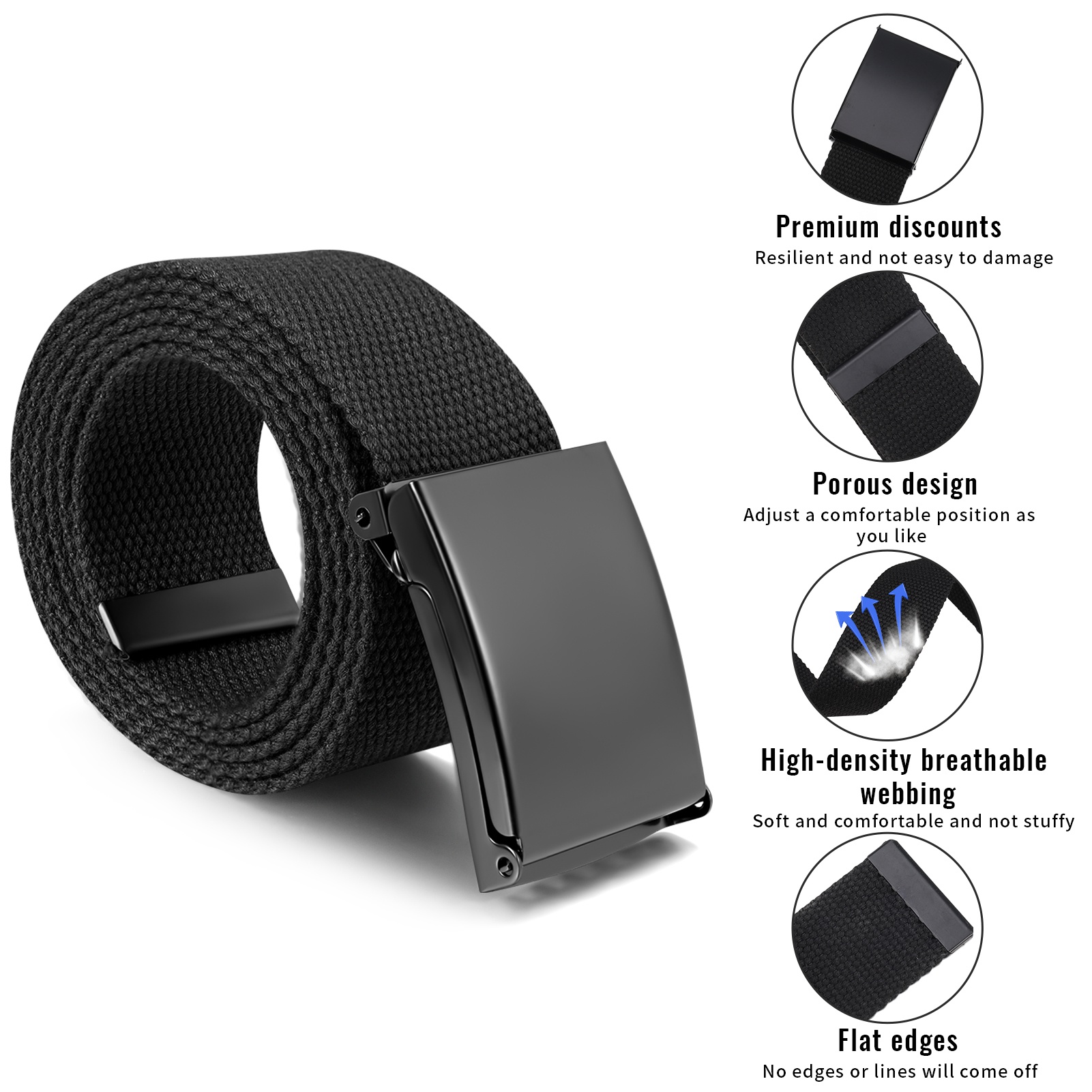 Armscye 3 Pack Mens Canvas Web Belts, 50'' Belts for Men, Nylon Cut To Fit Military Style Fabric Belts, No Hole Belt for Men (Black, Dark Grey, Dark Blue, Suit for 36'' - 44'')