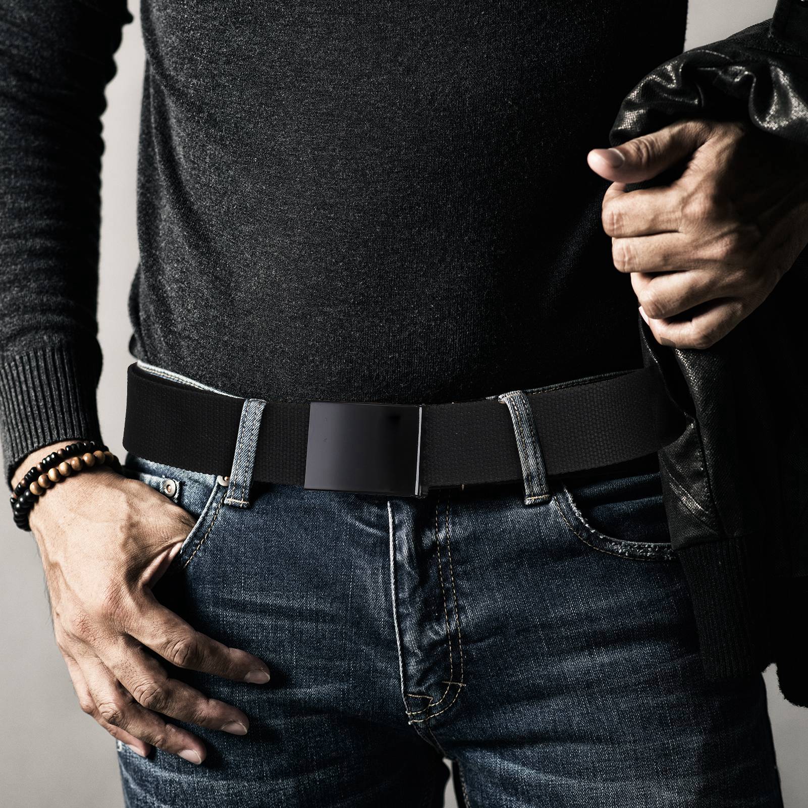 Armscye 3 Pack Mens Canvas Web Belts, 50'' Belts for Men, Nylon Cut To Fit Military Style Fabric Belts, No Hole Belt for Men (Black, Dark Grey, Dark Blue, Suit for 36'' - 44'')