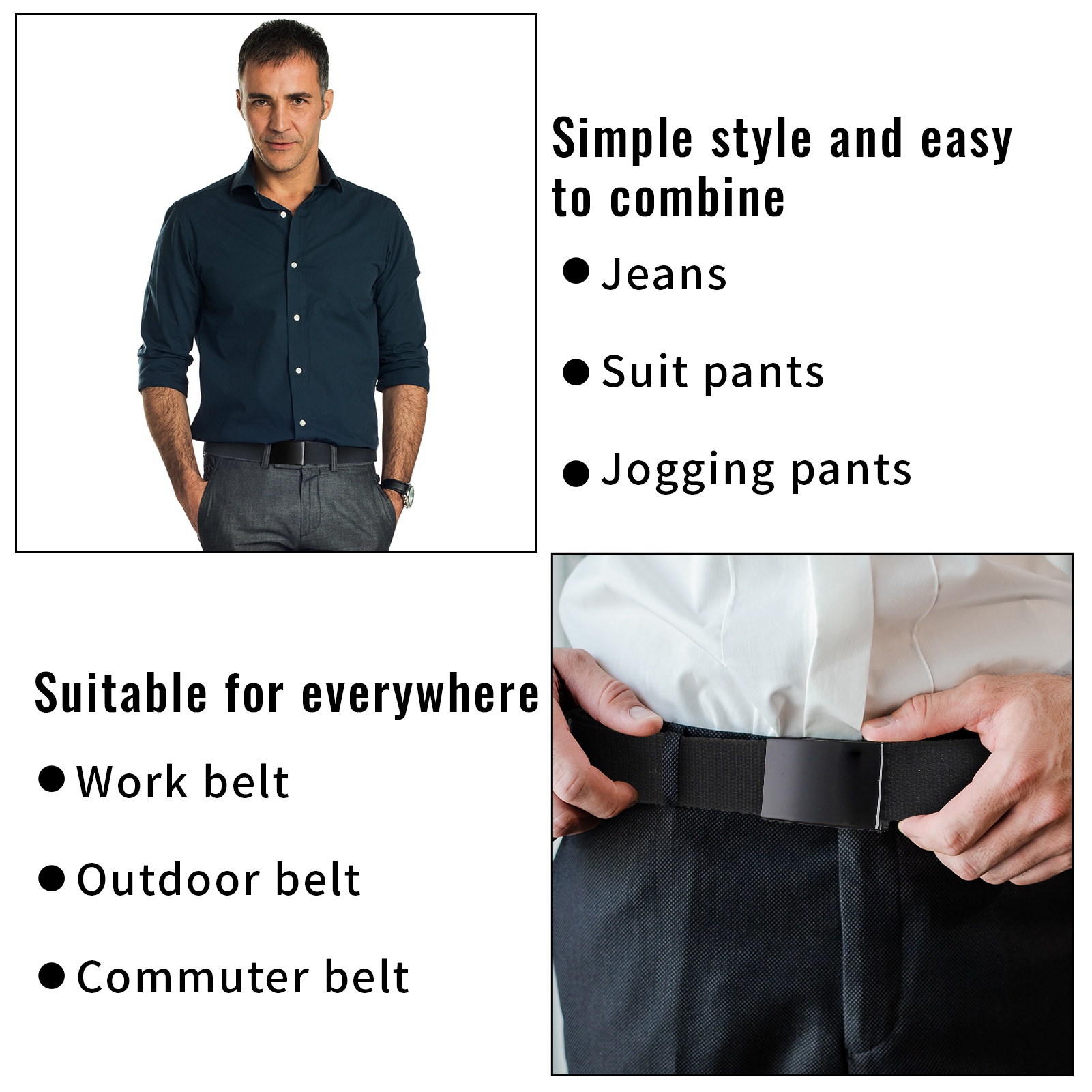 Armscye 3 Pack Mens Canvas Web Belts, 50'' Belts for Men, Nylon Cut To Fit Military Style Fabric Belts, No Hole Belt for Men (Black, Dark Grey, Dark Blue, Suit for 36'' - 44'')