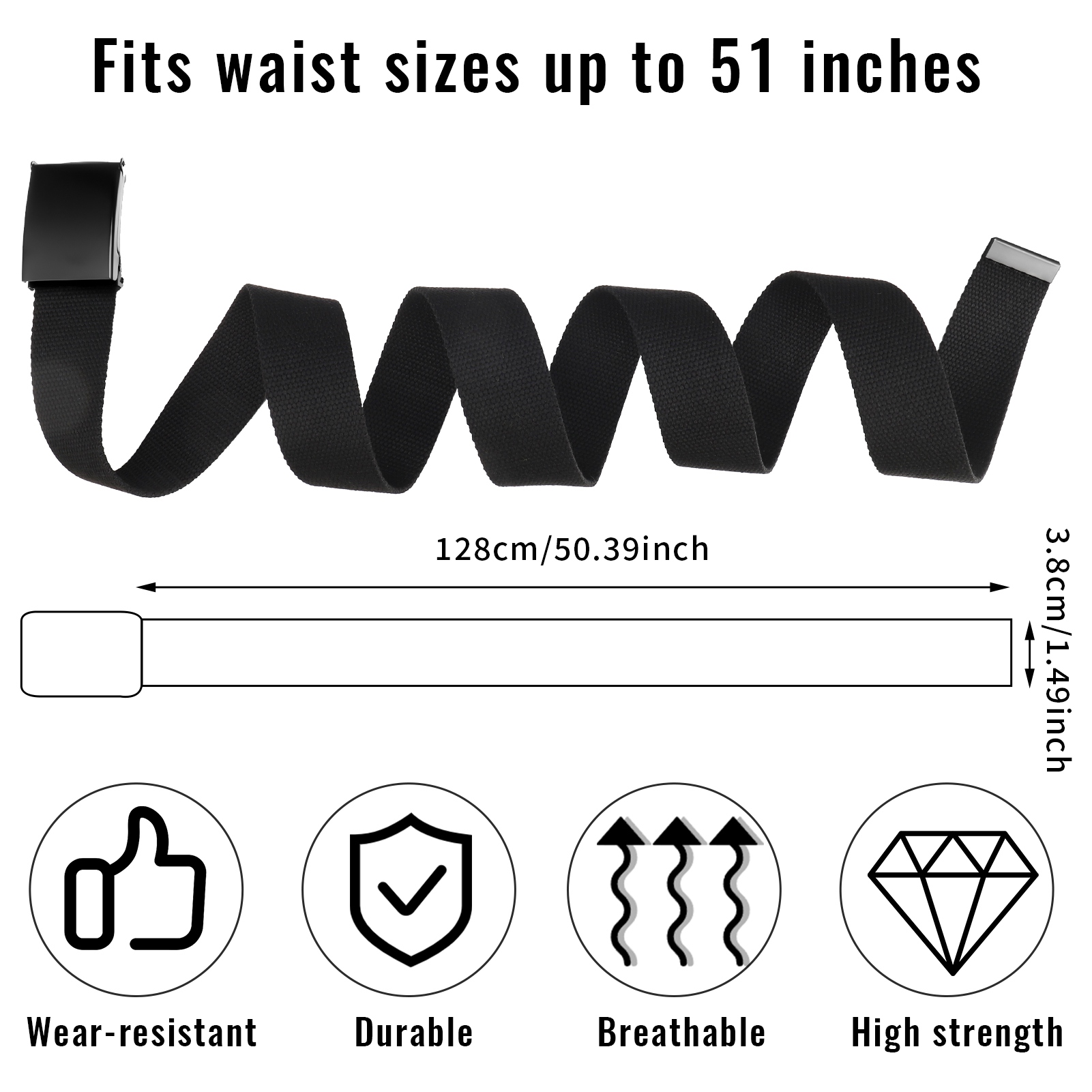 Armscye 3 Pack Mens Canvas Web Belts, 50'' Belts for Men, Nylon Cut To Fit Military Style Fabric Belts, No Hole Belt for Men (Black, Dark Grey, Dark Blue, Suit for 36'' - 44'')