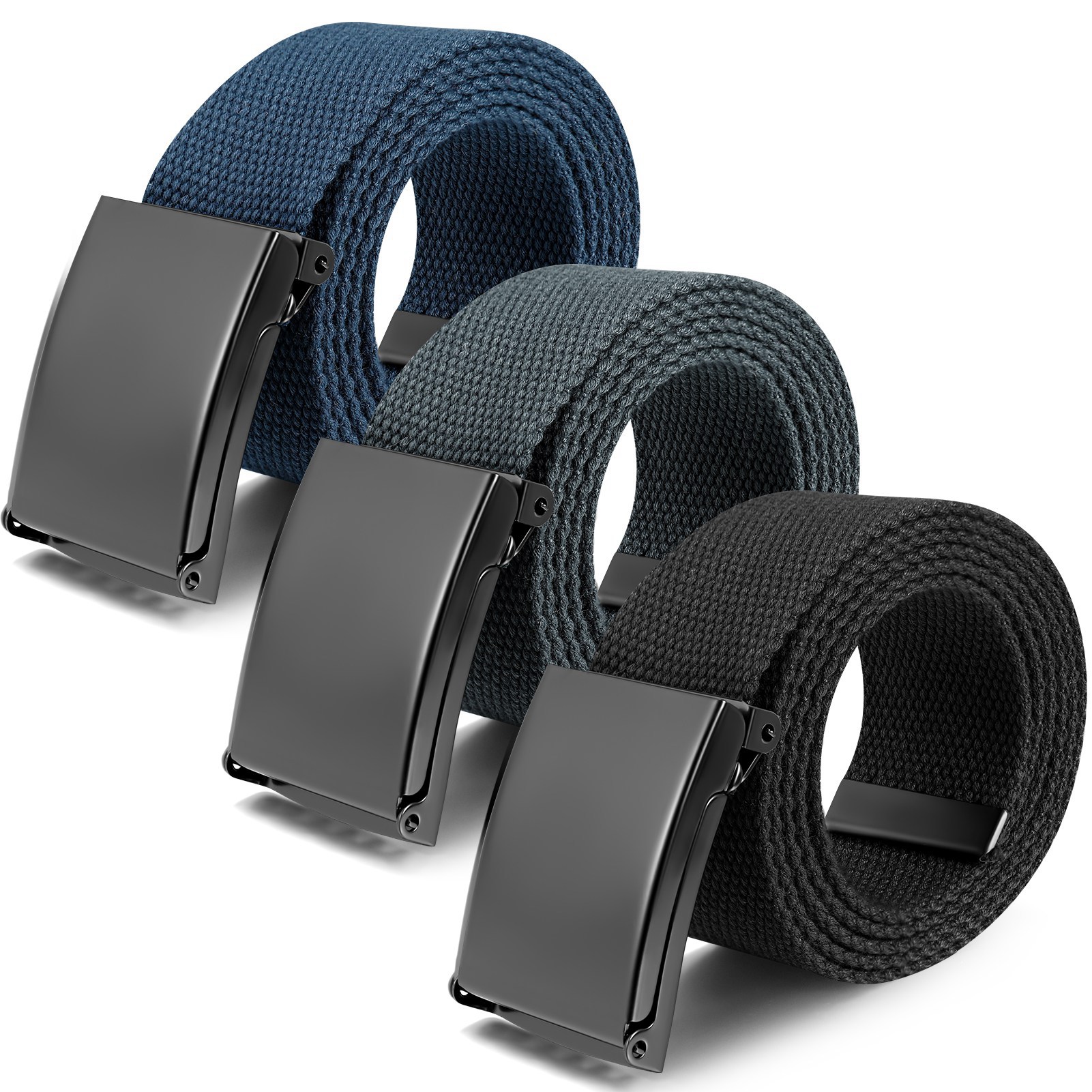 Armscye 3 Pack Mens Canvas Web Belts, 50'' Belts for Men, Nylon Cut To Fit Military Style Fabric Belts, No Hole Belt for Men (Black, Dark Grey, Dark Blue, Suit for 36'' - 44'')
