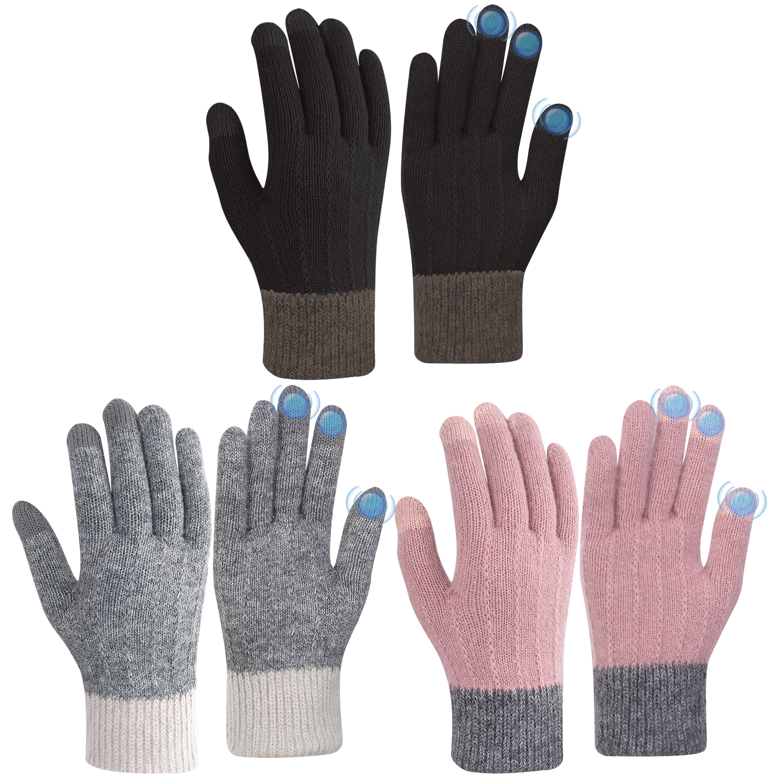 Armscye 3 Pairs Women Gloves, Winter Touch Screen Gloves, Warm Fleece Lined Knit Gloves, Elastic Cuff Winter Texting Gloves, Knitted Gloves for Running Driving Cycling Climbing