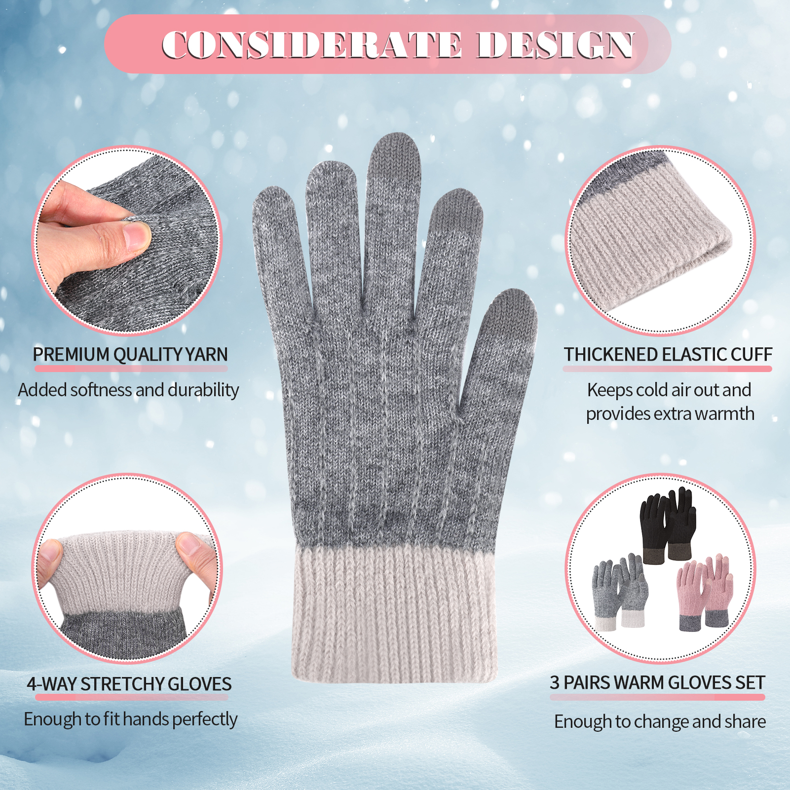 Armscye 3 Pairs Women Gloves, Winter Touch Screen Gloves, Warm Fleece Lined Knit Gloves, Elastic Cuff Winter Texting Gloves, Knitted Gloves for Running Driving Cycling Climbing