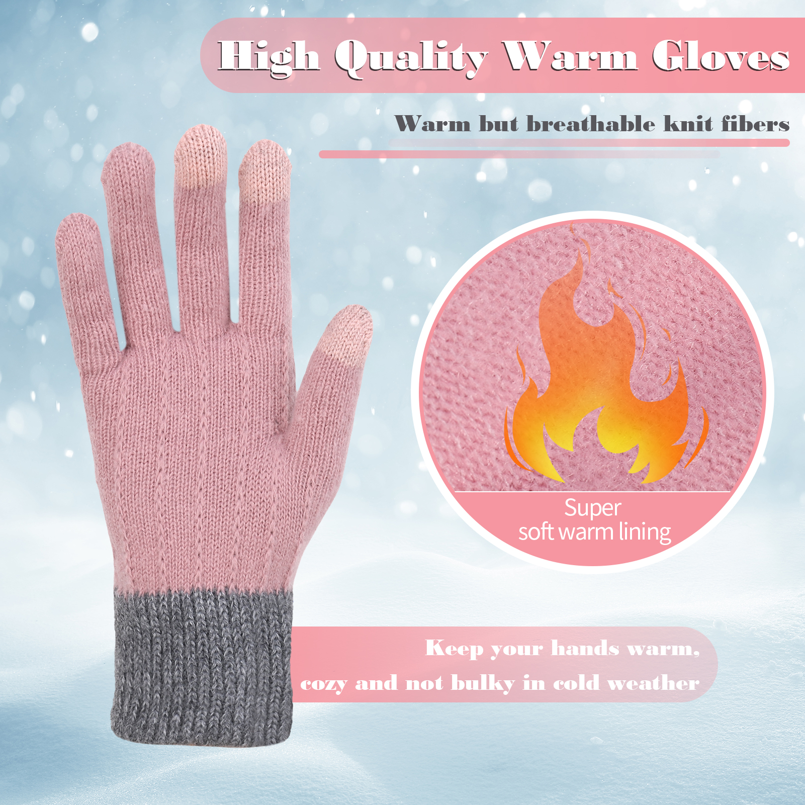 Armscye 3 Pairs Women Gloves, Winter Touch Screen Gloves, Warm Fleece Lined Knit Gloves, Elastic Cuff Winter Texting Gloves, Knitted Gloves for Running Driving Cycling Climbing