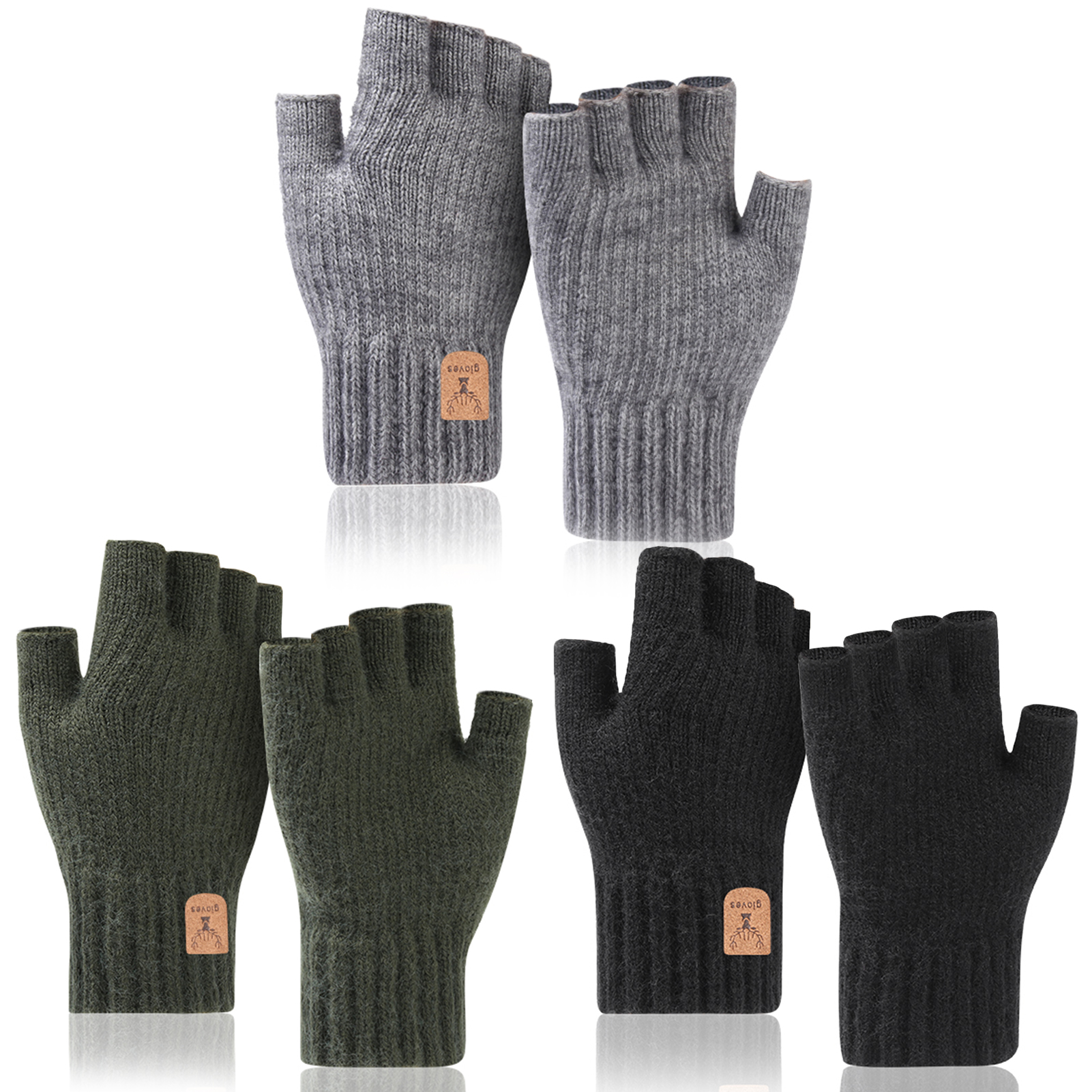 Armscye 3 Pairs Fingerless Gloves for Men Women, Half Finger Gloves, Uniseex Winter Warm Knitted Gloves for Working Running Biking Driving