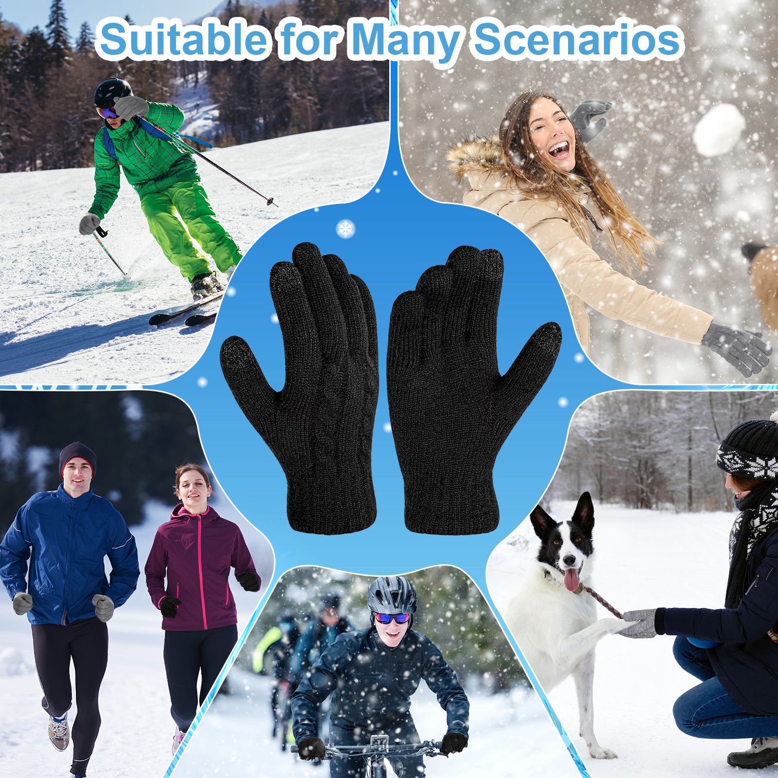 Armscye 2 Pairs Winter Gloves for Men Women, Touch Screen Texting Warm Gloves with Thermal Soft Knit Lining, Warm Knit Glove for Running Driving Hiking, Black/Light Grey, One Size