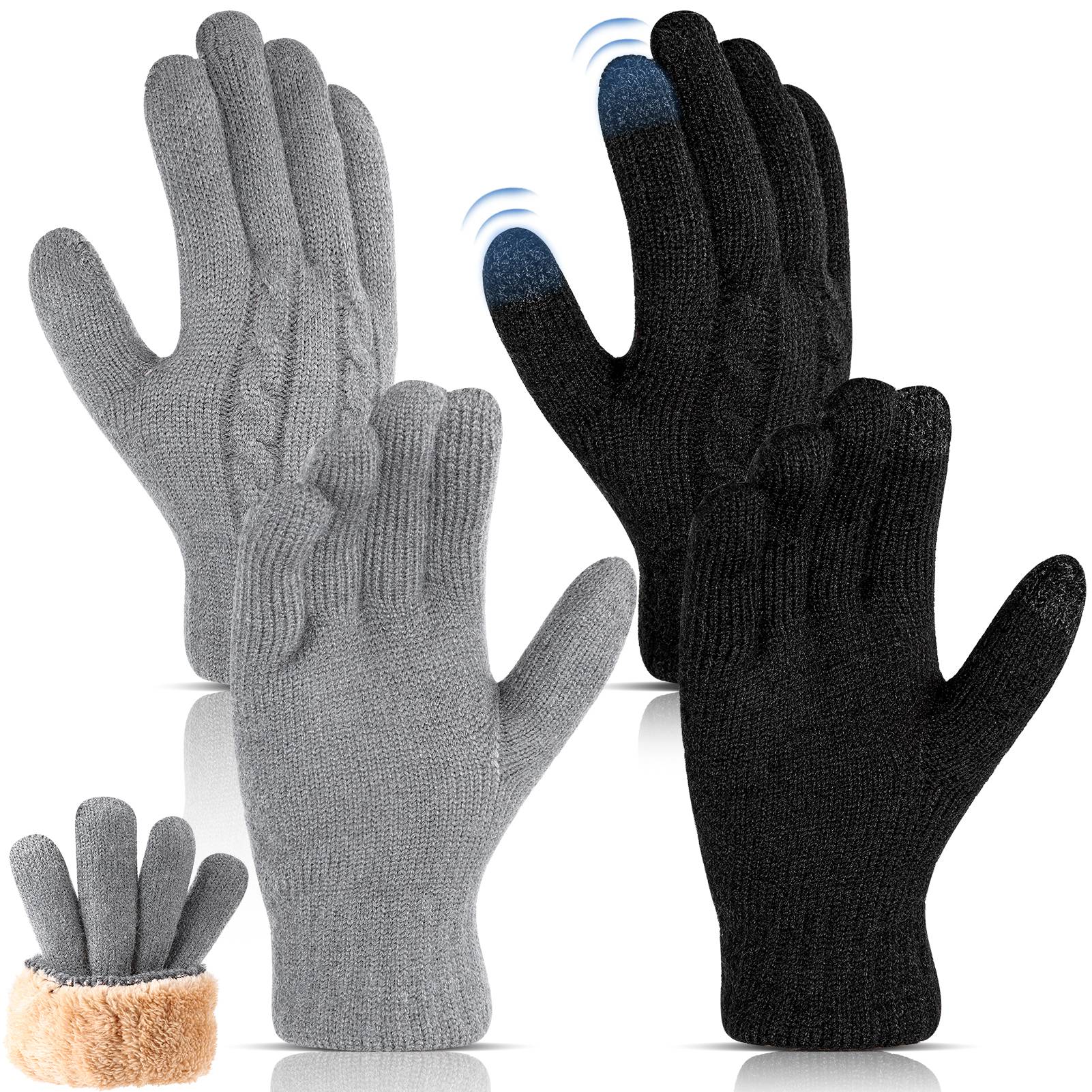 Armscye 2 Pairs Winter Gloves for Men Women, Touch Screen Texting Warm Gloves with Thermal Soft Knit Lining, Warm Knit Glove for Running Driving Hiking, Black/Light Grey, One Size