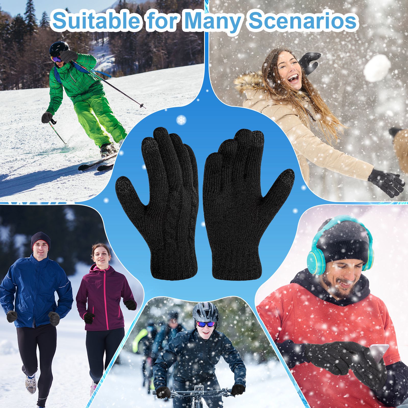 Armscye 2 Pairs Winter Gloves for Men Women, Touch Screen Texting Warm Gloves with Thermal Soft Knit Lining, Warm Knit Glove for Running Driving Hiking, Black/Grey, One Size