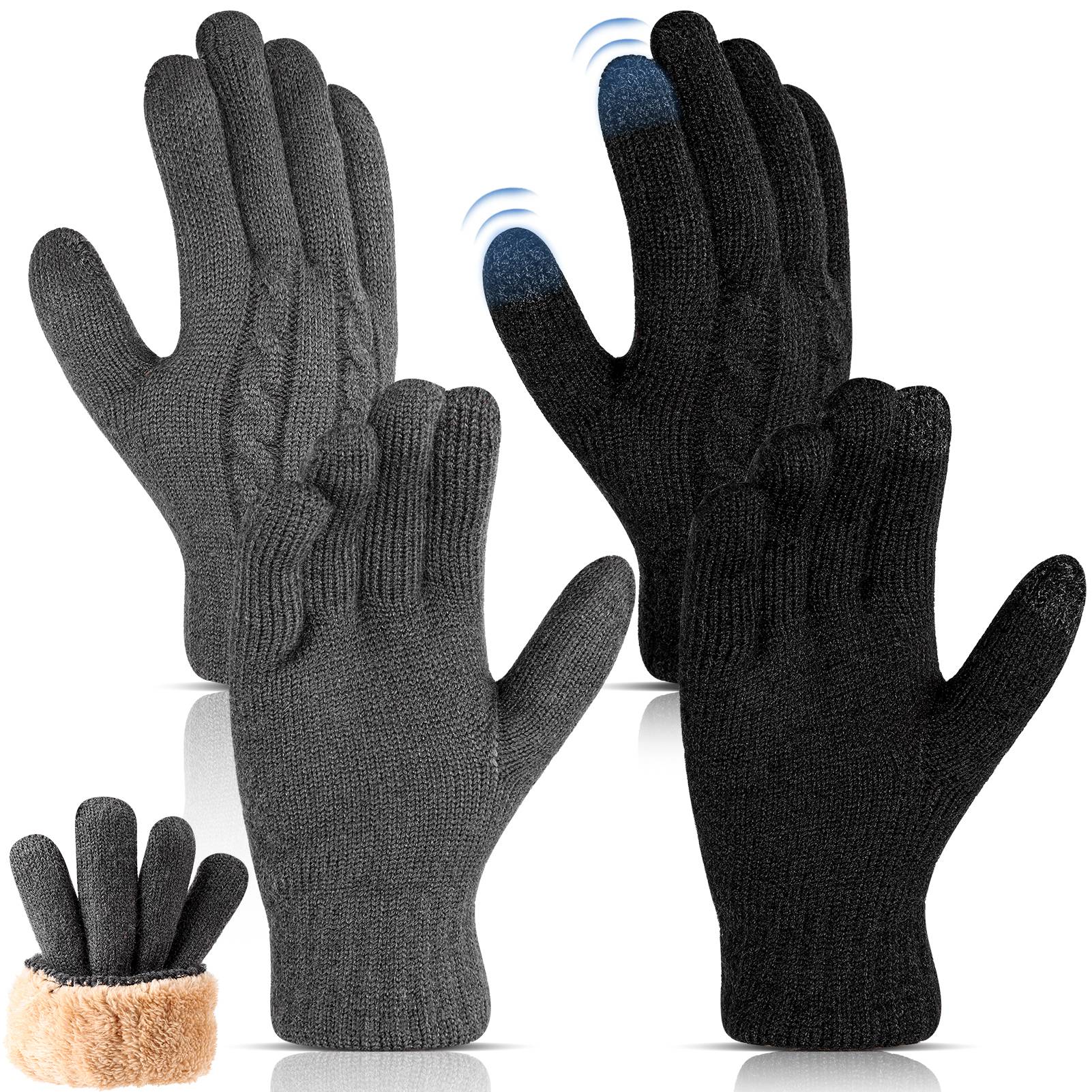 Armscye 2 Pairs Winter Gloves for Men Women, Touch Screen Texting Warm Gloves with Thermal Soft Knit Lining, Warm Knit Glove for Running Driving Hiking, Black/Grey, One Size