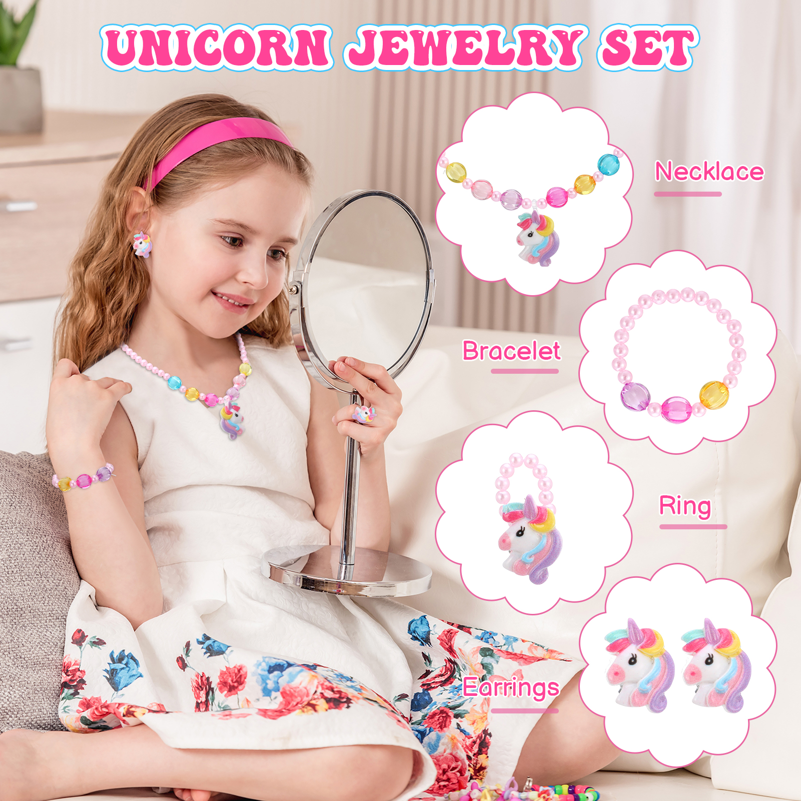 Armscye 14 Pcs Little Girl Unicorn Purse Set, Cute Unicorn Gifts for Girl, With Kawaii Unicorn Dress Up Jewelry, Purse and Eye Mask, Adjustable Crossbody Bag with Gift Box for Girl, Kid, Teenager