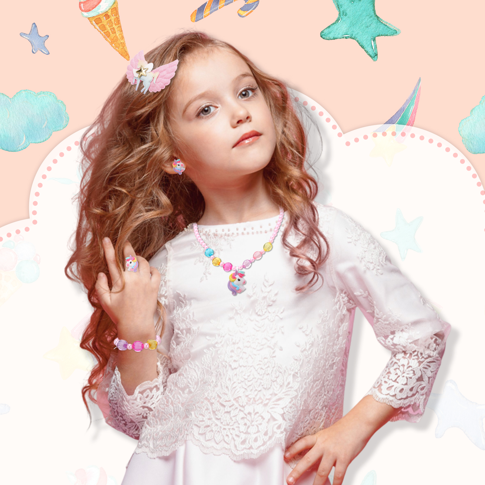 Armscye 14 Pcs Little Girl Unicorn Purse Set, Cute Unicorn Gifts for Girl, With Kawaii Unicorn Dress Up Jewelry, Purse and Eye Mask, Adjustable Crossbody Bag with Gift Box for Girl, Kid, Teenager