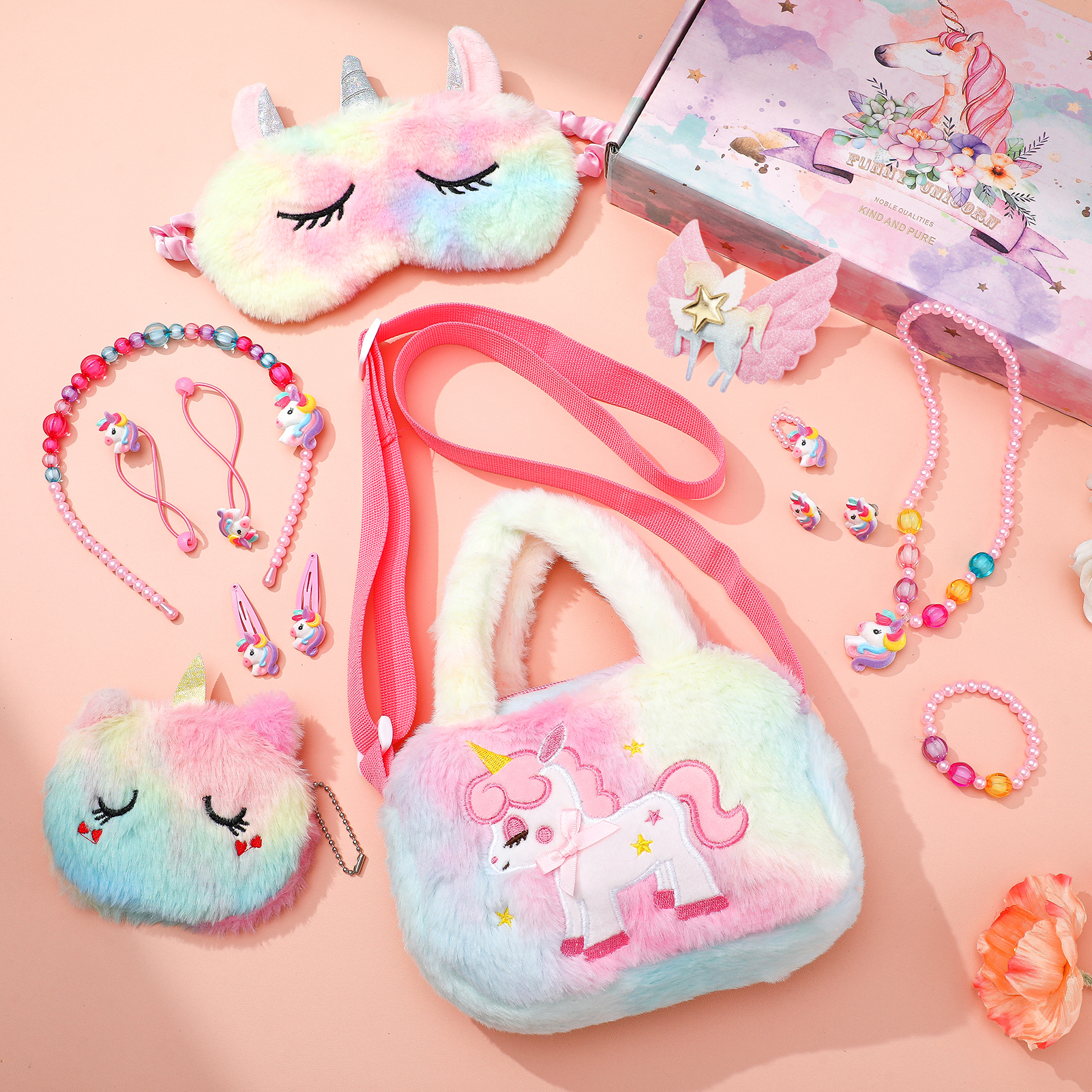 Armscye 14 Pcs Little Girl Unicorn Purse Set, Cute Unicorn Gifts for Girl, With Kawaii Unicorn Dress Up Jewelry, Purse and Eye Mask, Adjustable Crossbody Bag with Gift Box for Girl, Kid, Teenager