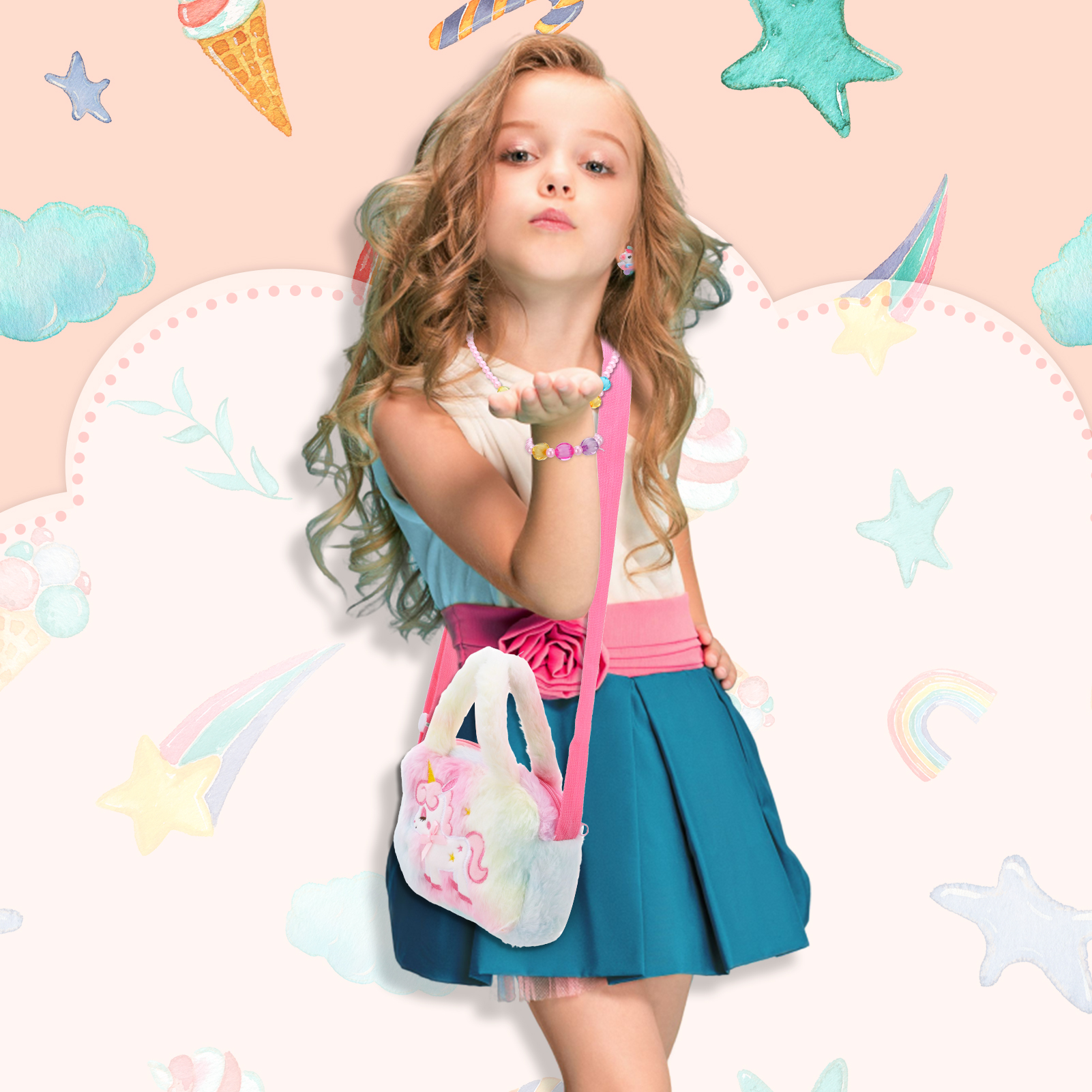 Armscye 14 Pcs Little Girl Unicorn Purse Set, Cute Unicorn Gifts for Girl, With Kawaii Unicorn Dress Up Jewelry, Purse and Eye Mask, Adjustable Crossbody Bag with Gift Box for Girl, Kid, Teenager