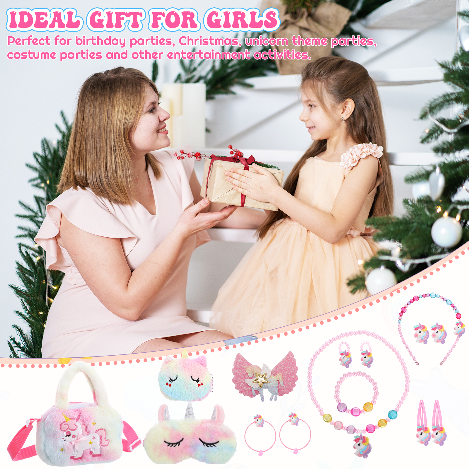 Armscye 14 Pcs Little Girl Unicorn Purse Set, Cute Unicorn Gifts for Girl, With Kawaii Unicorn Dress Up Jewelry, Purse and Eye Mask, Adjustable Crossbody Bag with Gift Box for Girl, Kid, Teenager