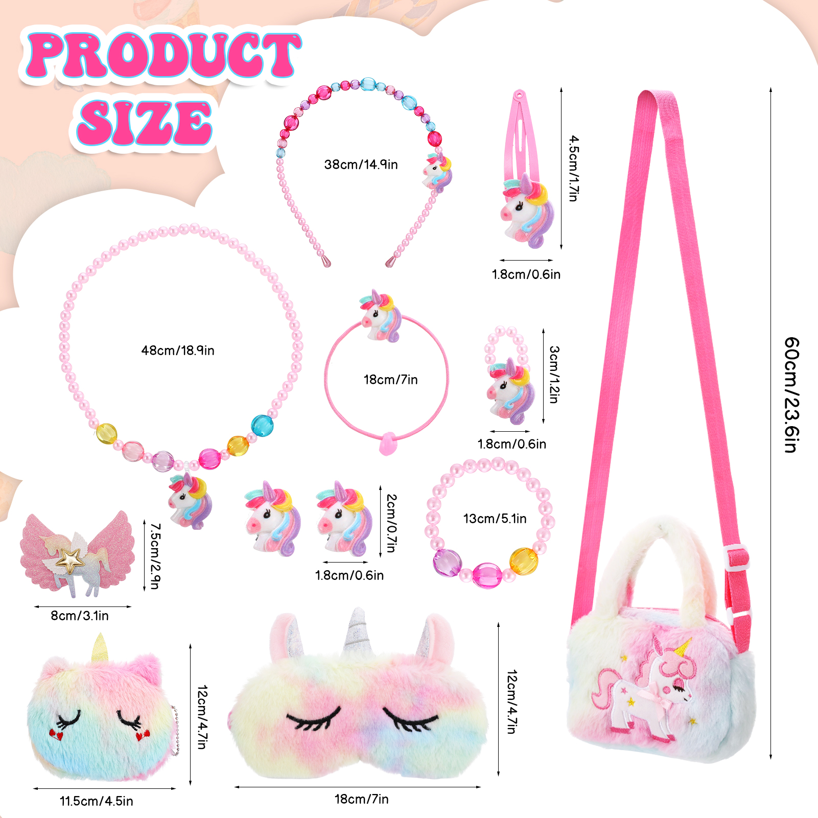 Armscye 14 Pcs Little Girl Unicorn Purse Set, Cute Unicorn Gifts for Girl, With Kawaii Unicorn Dress Up Jewelry, Purse and Eye Mask, Adjustable Crossbody Bag with Gift Box for Girl, Kid, Teenager