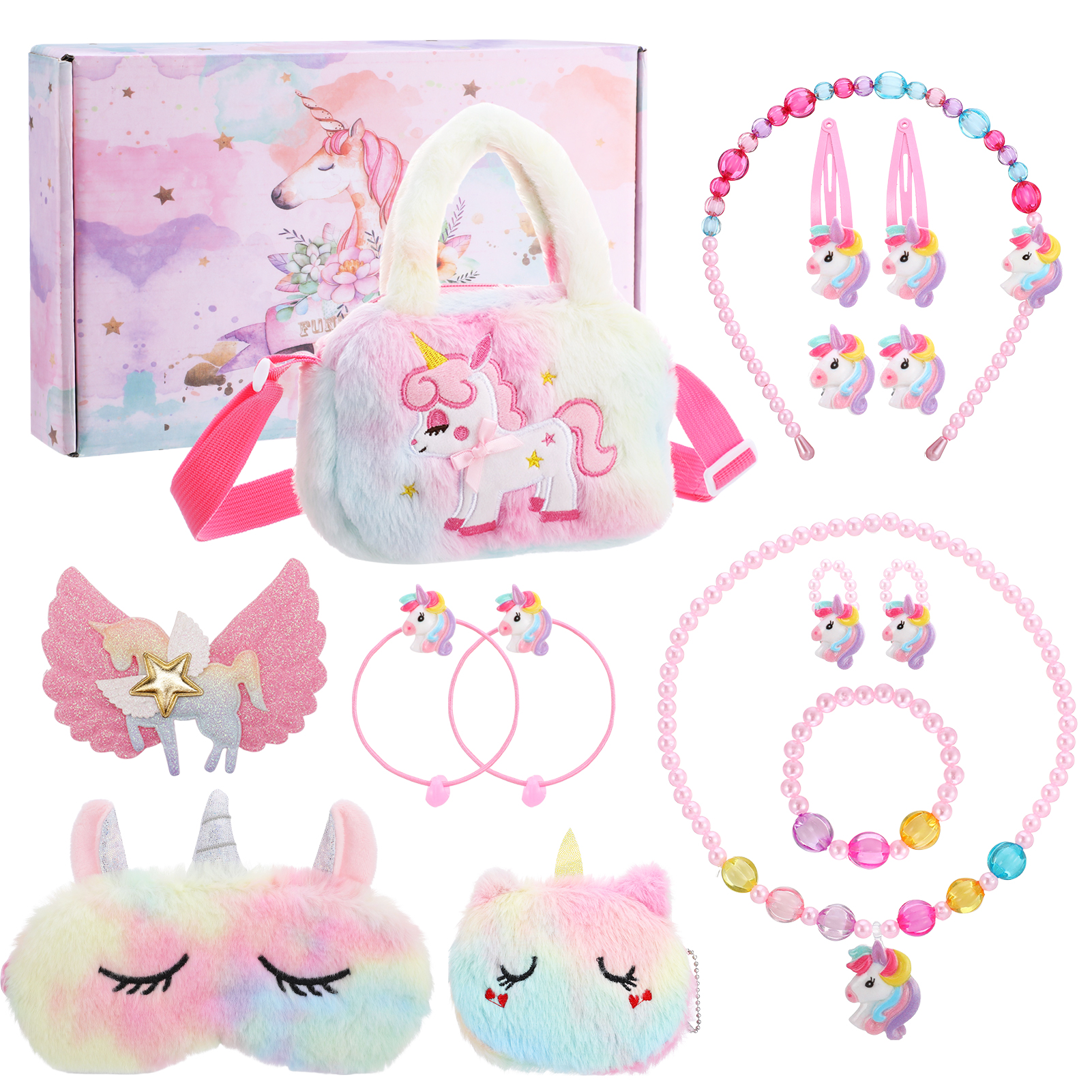 Armscye 14 Pcs Little Girl Unicorn Purse Set, Cute Unicorn Gifts for Girl, With Kawaii Unicorn Dress Up Jewelry, Purse and Eye Mask, Adjustable Crossbody Bag with Gift Box for Girl, Kid, Teenager