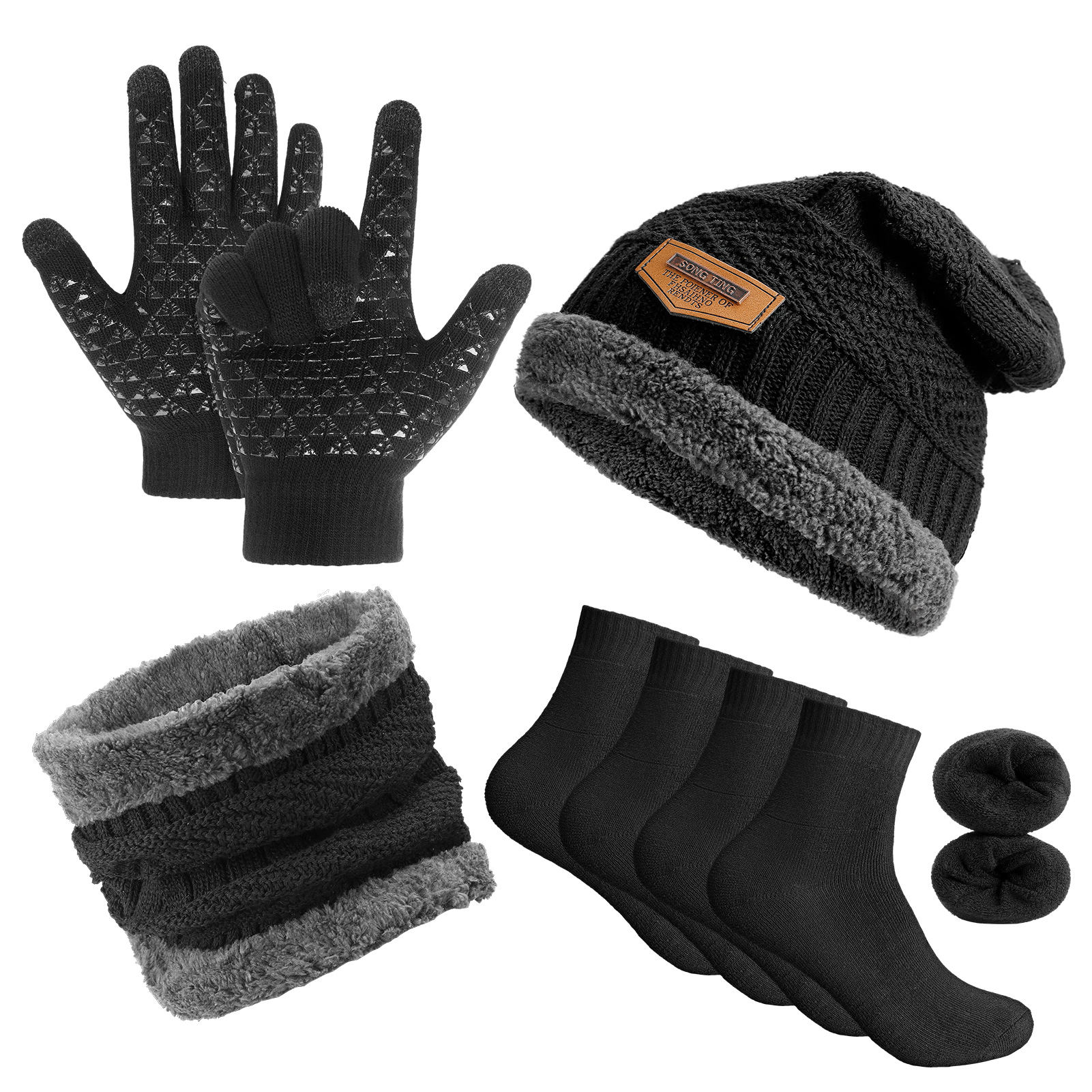 Bocaoying 5 Pcs Winter Hat Scarf Gloves Set, Winter Fleece Lined Beanie Hat Scarf Sock Touchscreen Gloves Set for Men Women