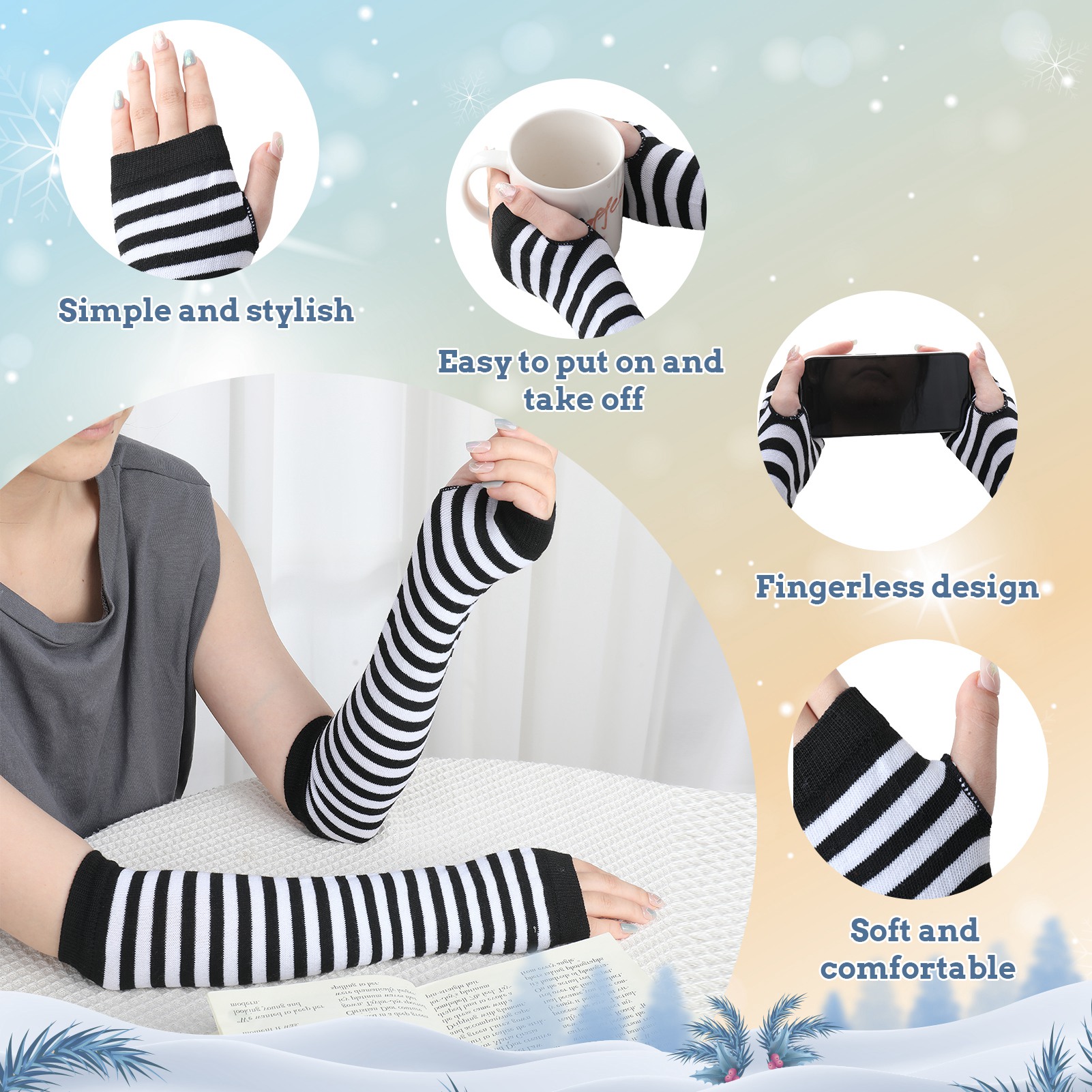 Bocaoying 6 Pairs Arm Warmers For Women, 10.62 inches Fingerless Gloves, Long Gloves Winter Mittens Length Knitted Arm Warmers, Striped Arm Warmers for Women