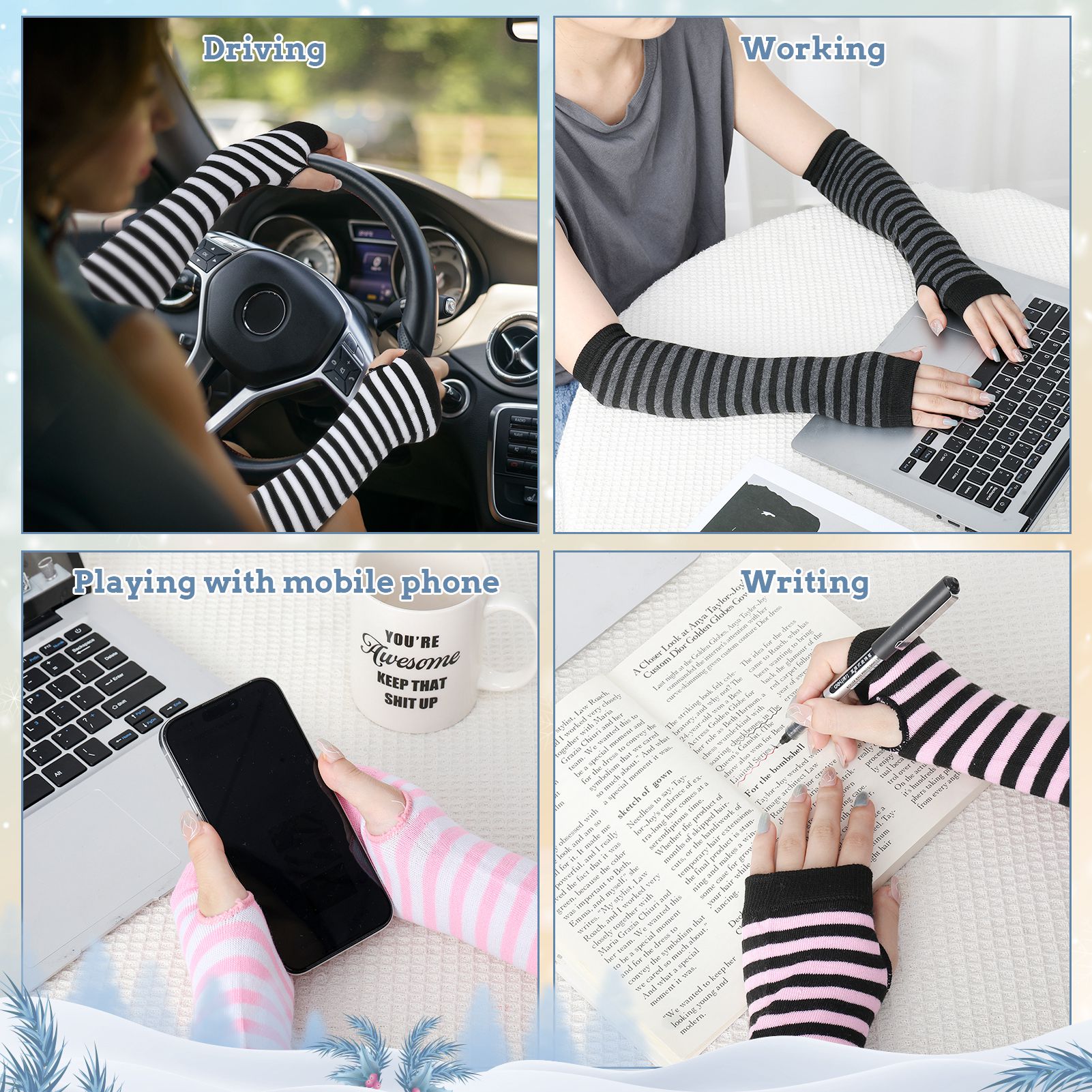 Bocaoying 6 Pairs Arm Warmers For Women, 10.62 inches Fingerless Gloves, Long Gloves Winter Mittens Length Knitted Arm Warmers, Striped Arm Warmers for Women