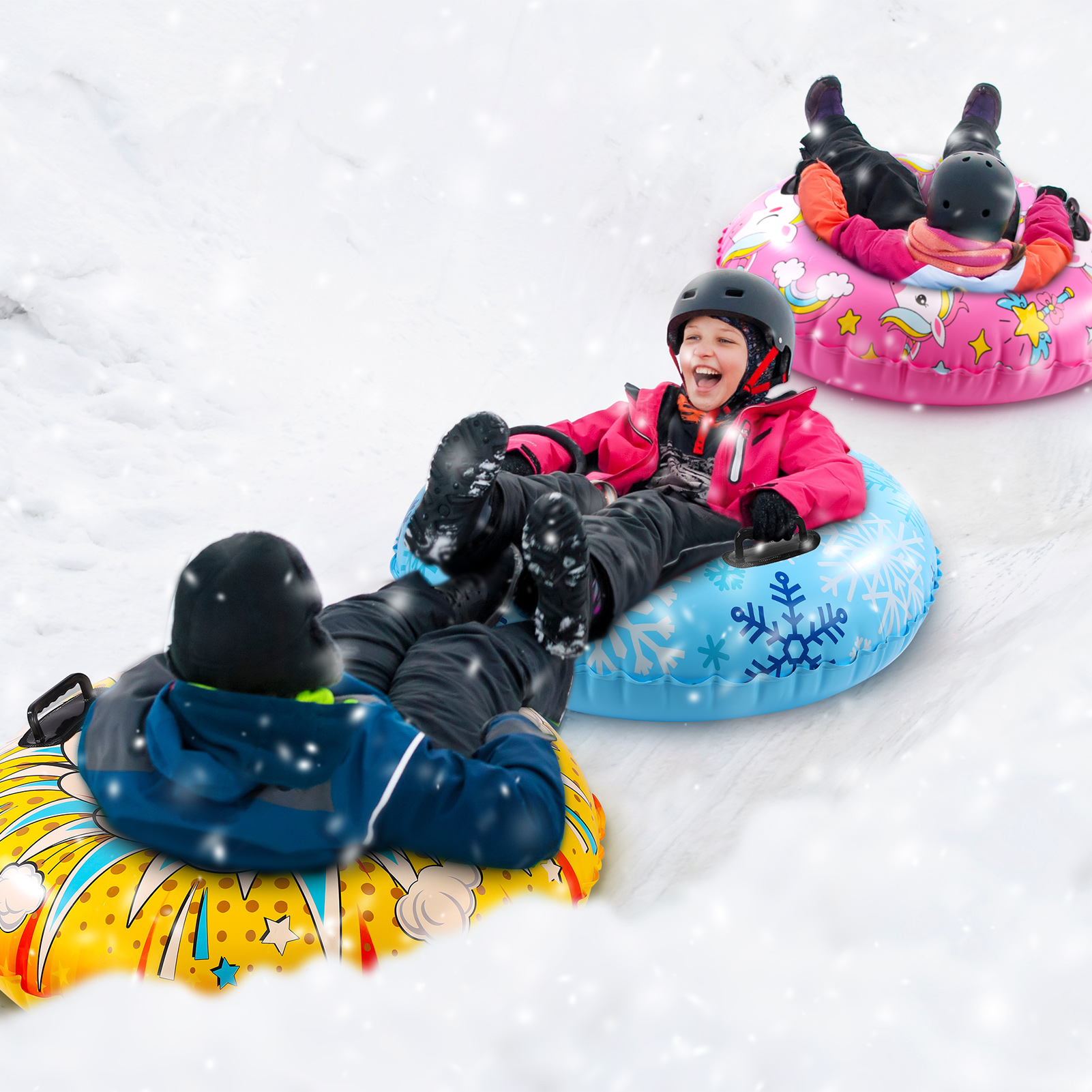 Bocaoying 3 Pack Snow Tubes for Kids, 36" Inflatable Snow Sled, Thickened Heavy Duty Hard Bottom Snow Sleds with Handles, Winter Outdoor Sports Toys for Boys Girls Family Activities