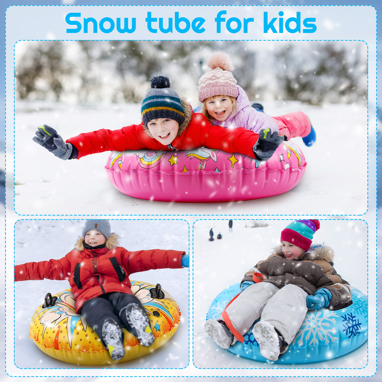 Bocaoying 3 Pack Snow Tubes for Kids, 36" Inflatable Snow Sled, Thickened Heavy Duty Hard Bottom Snow Sleds with Handles, Winter Outdoor Sports Toys for Boys Girls Family Activities