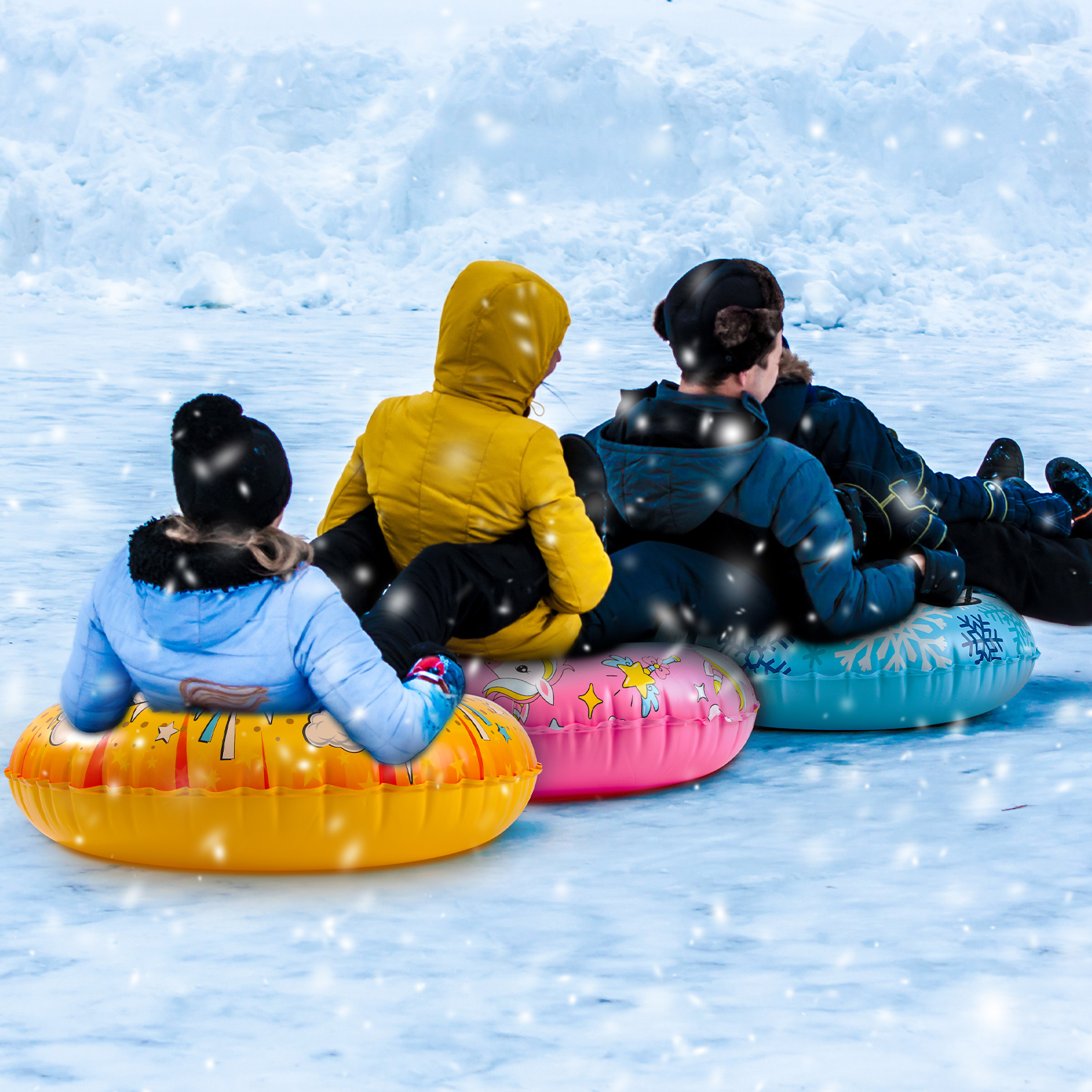 Bocaoying 3 Pack Snow Tubes for Kids, 36" Inflatable Snow Sled, Thickened Heavy Duty Hard Bottom Snow Sleds with Handles, Winter Outdoor Sports Toys for Boys Girls Family Activities