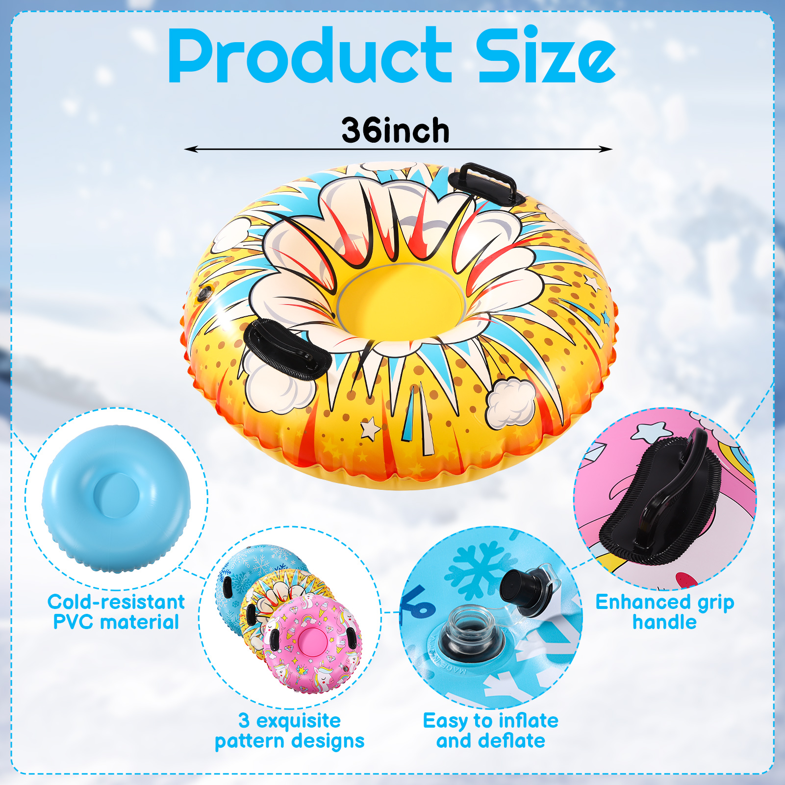 Bocaoying 3 Pack Snow Tubes for Kids, 36" Inflatable Snow Sled, Thickened Heavy Duty Hard Bottom Snow Sleds with Handles, Winter Outdoor Sports Toys for Boys Girls Family Activities