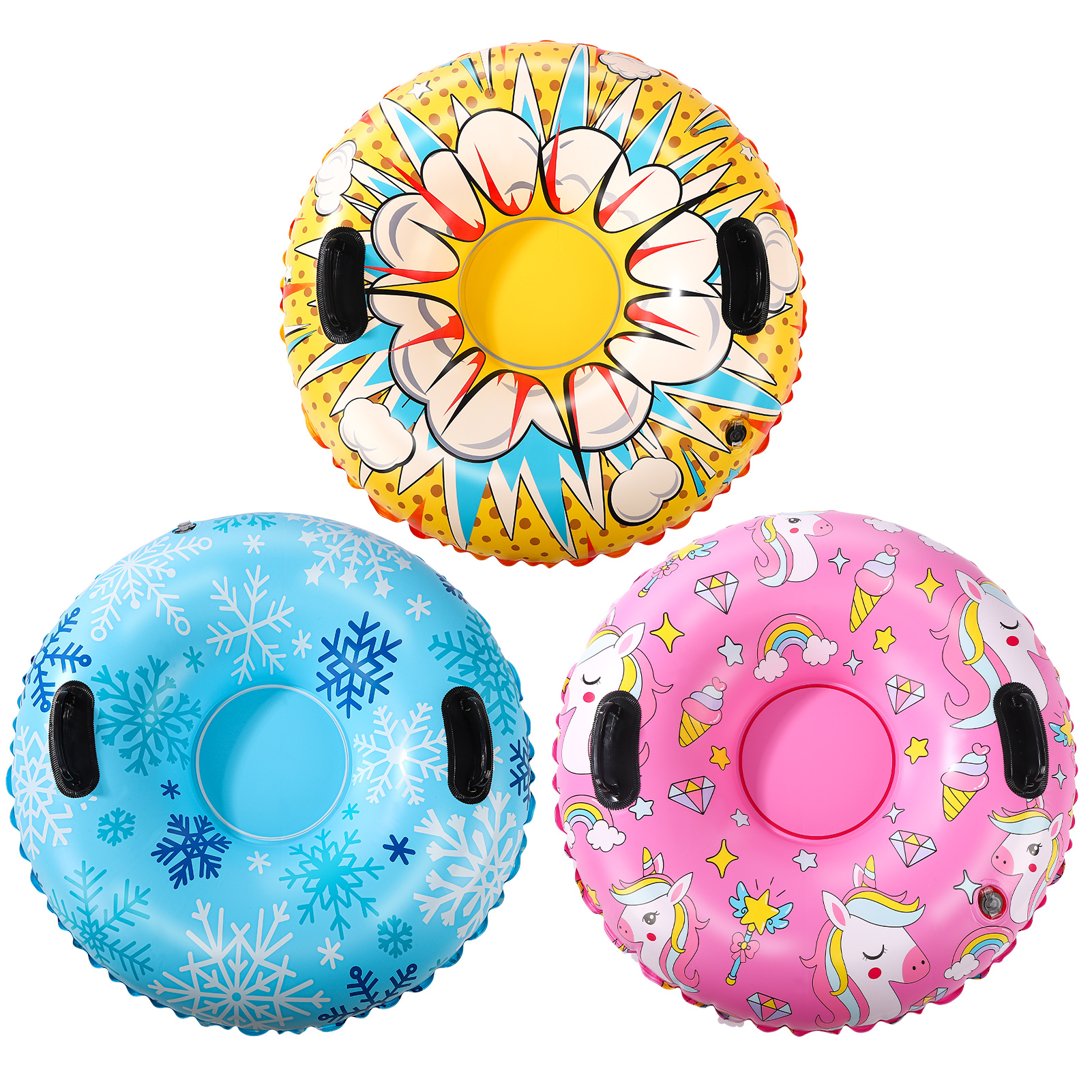 Bocaoying 3 Pack Snow Tubes for Kids, 36" Inflatable Snow Sled, Thickened Heavy Duty Hard Bottom Snow Sleds with Handles, Winter Outdoor Sports Toys for Boys Girls Family Activities
