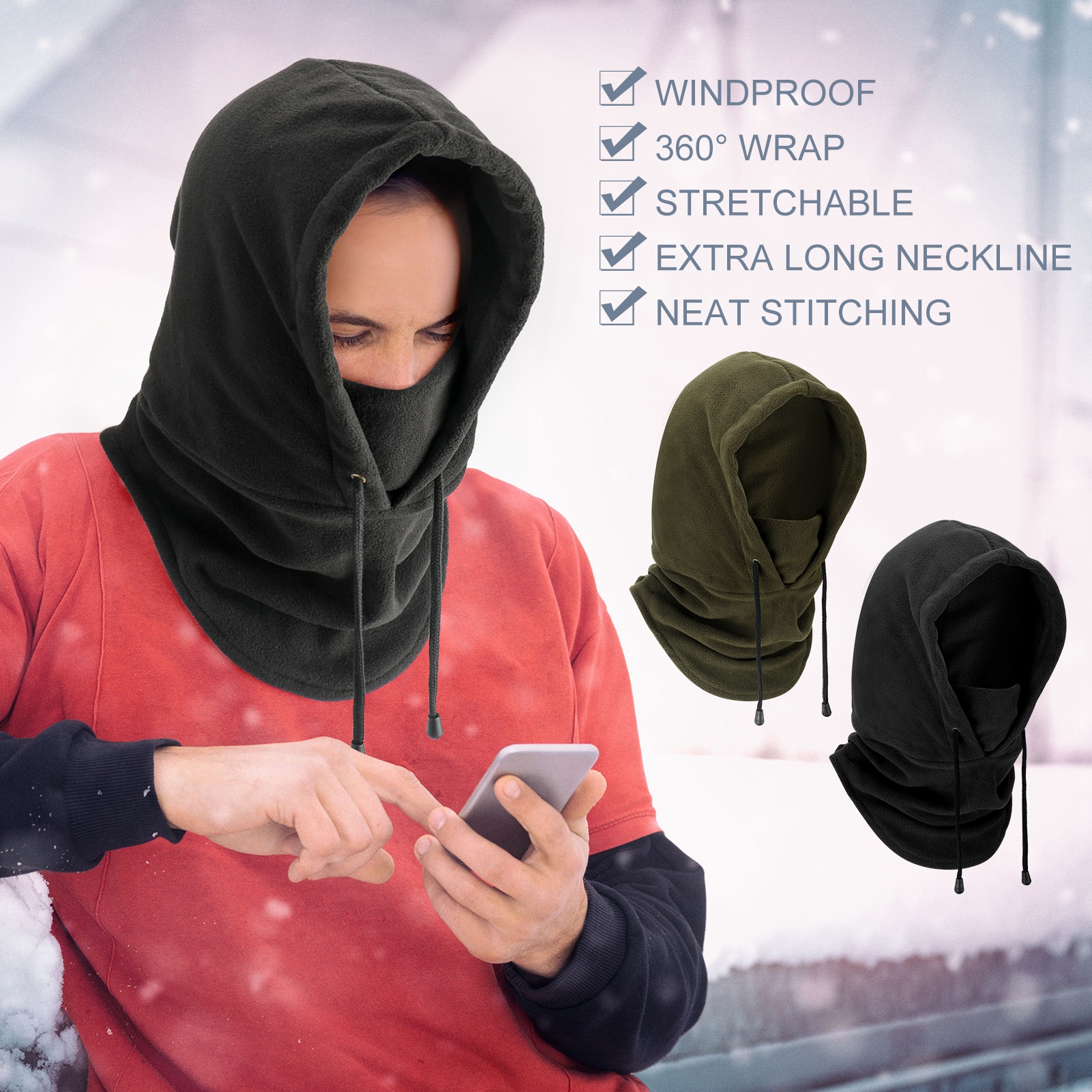 Bocaoying 2 Pcs Balaclava for Women Men, Unisex Ski Mask, Windproof Thermal Face Mask, Cold Weather Neck Warmer, Winter Hat with Mask and Drawstring for Ski Cycling Commuting and More