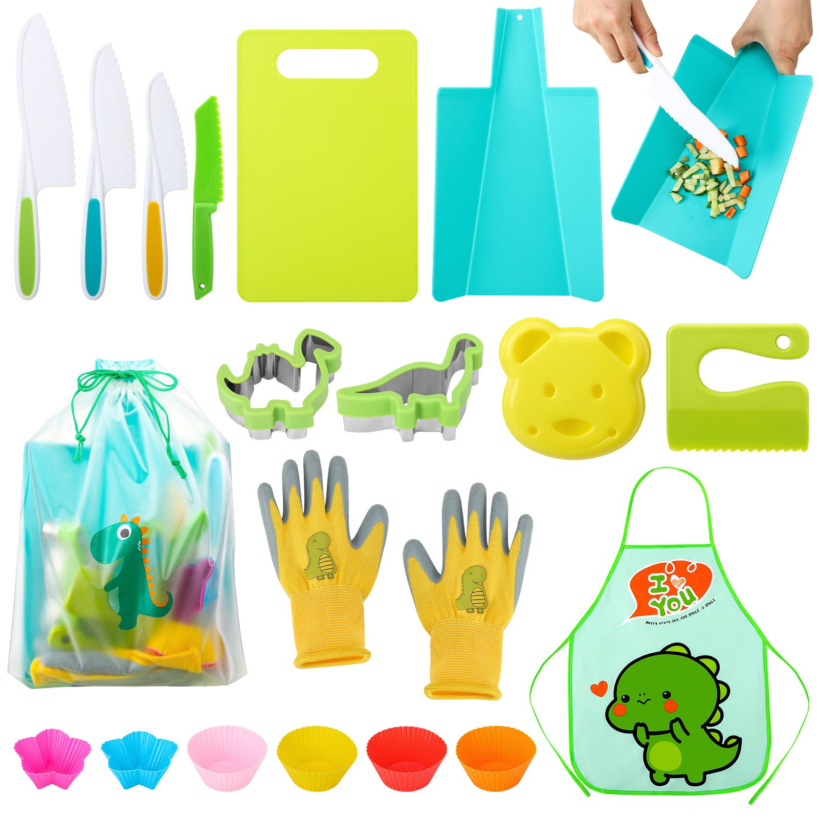 Armscye 20 Pcs Kids Knife Set for Real Cooking, Plastic Kitchen Tools, Toddler Safe Knife Set with Cutting Board Gloves Apron for Age 2-7 Year Old Girl Boy